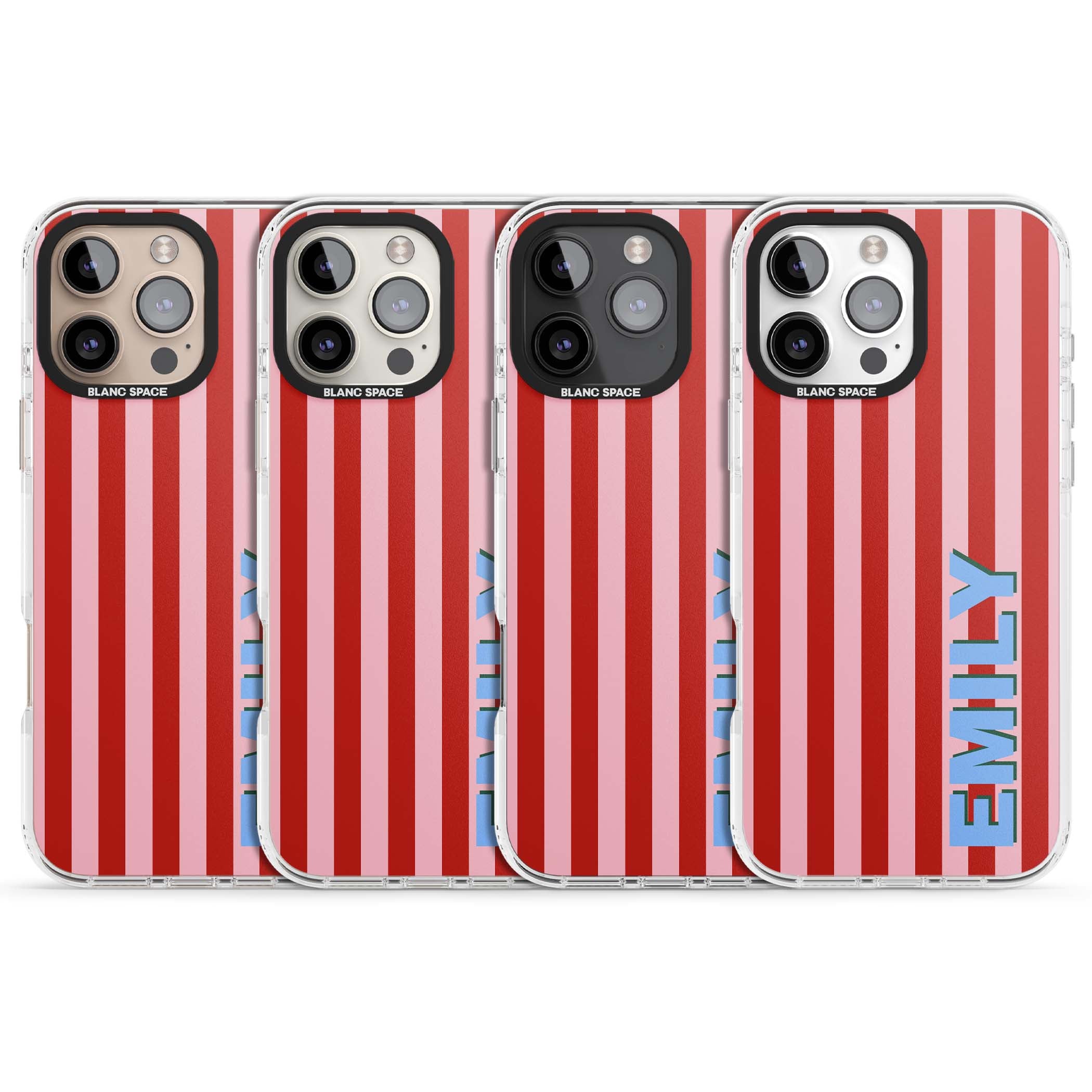 Market Stripe personalised iPhone case with red and pink vertical stripes and custom blue name | Impact Magsafe case for iPhone 16 Pro, iPhone 16 Pro Max