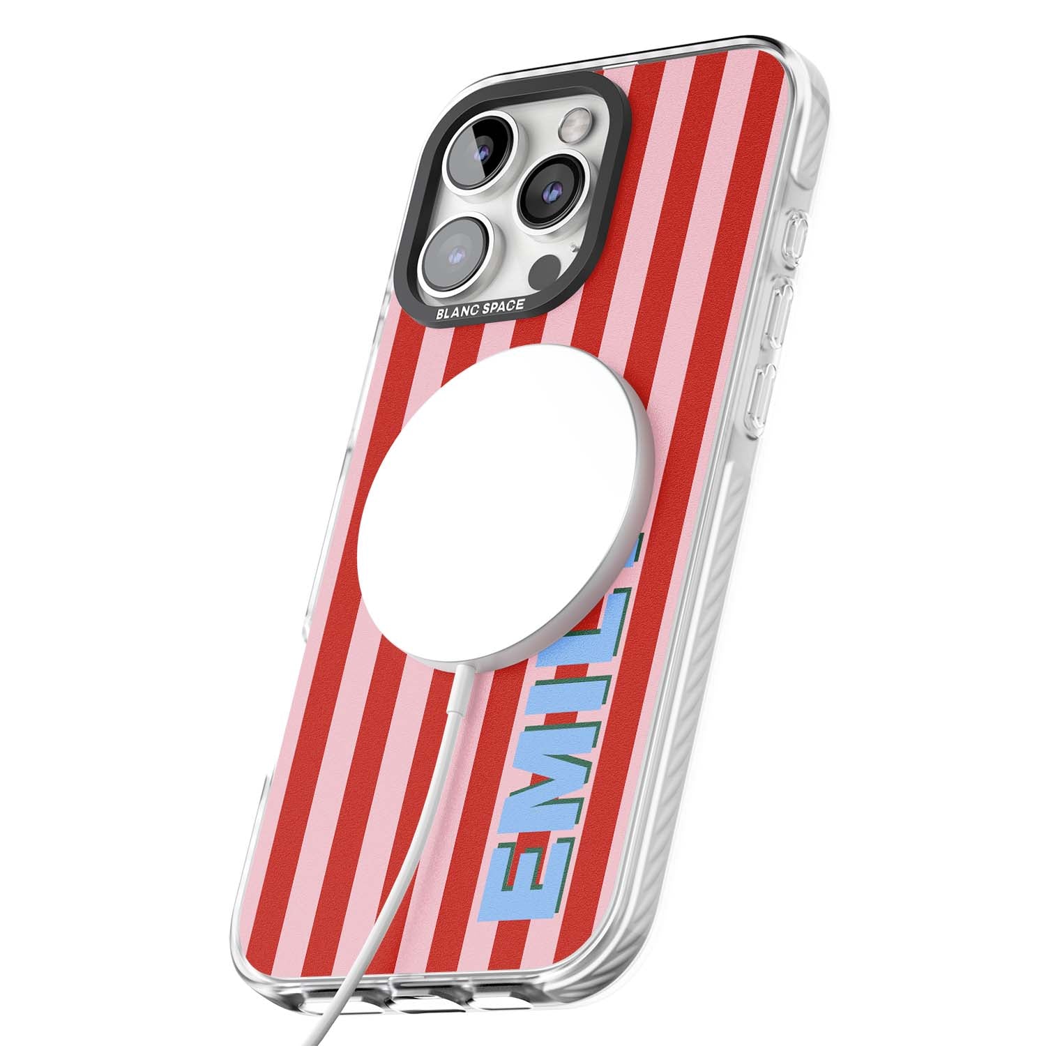 Market Stripe personalised iPhone case with red and pink vertical stripes and custom blue name | Impact Magsafe case for iPhone 16 Pro, iPhone 16 Pro Max