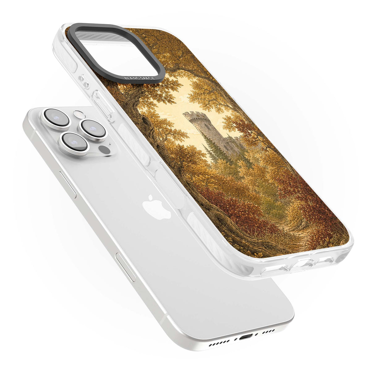 Autumn Keep cottagecore iPhone case featuring a medieval castle tower framed by golden autumn trees and woodland foliage | Impact Magsafe case for iPhone 16 Pro, iPhone 16 Pro Max