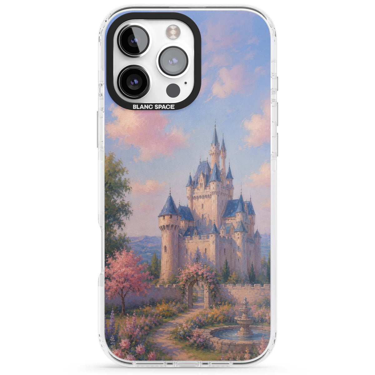 Enchanted Kingdom fairytale iPhone case featuring a romantic castle painting with cherry blossoms and pastel pink sky | Impact Magsafe case for iPhone 16 Pro, iPhone 16 Pro Max