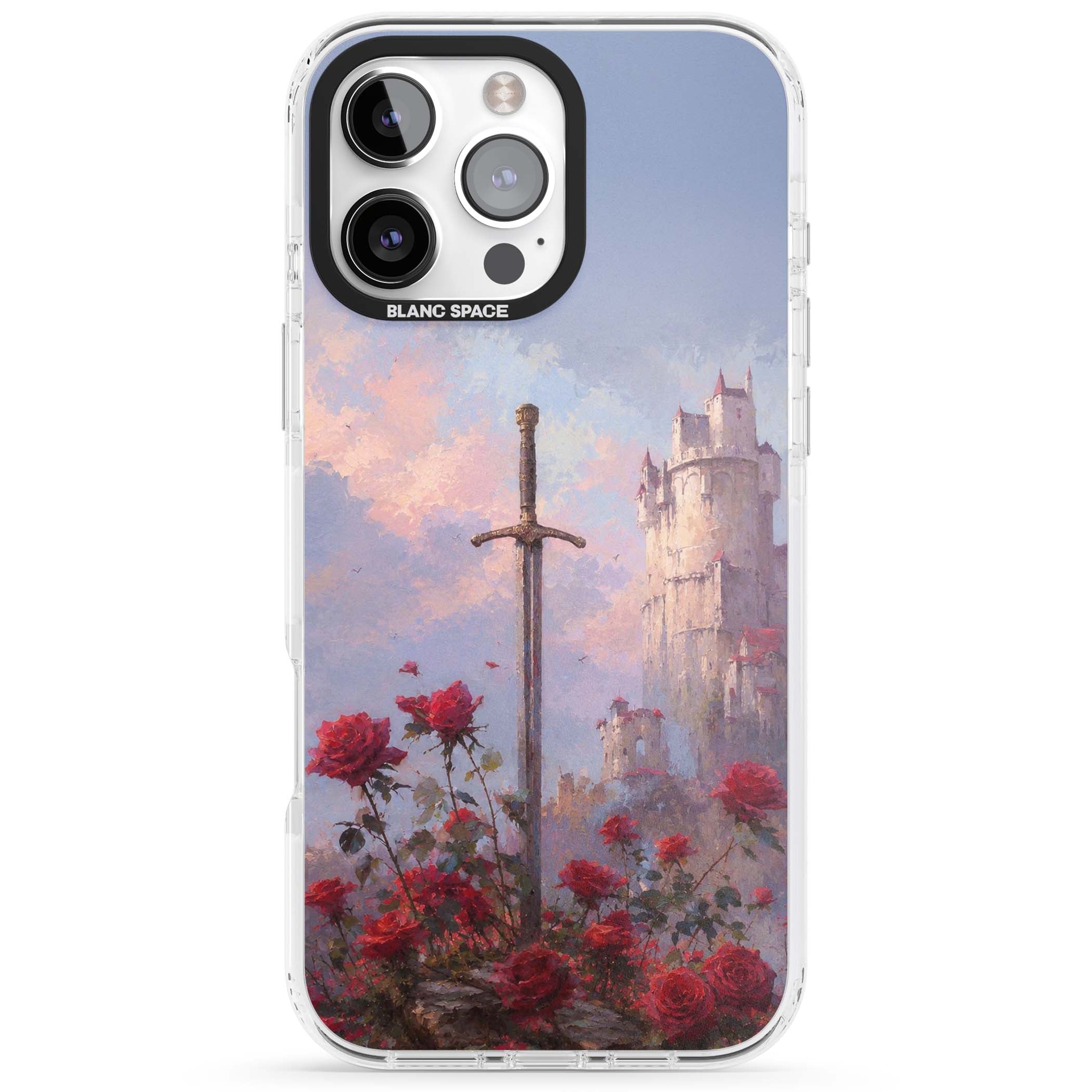 Sword in Roses medieval art iPhone case featuring a sword, red roses, and a misty fairytale castle at sunset | Impact Magsafe case for iPhone 16 Pro, iPhone 16 Pro Max