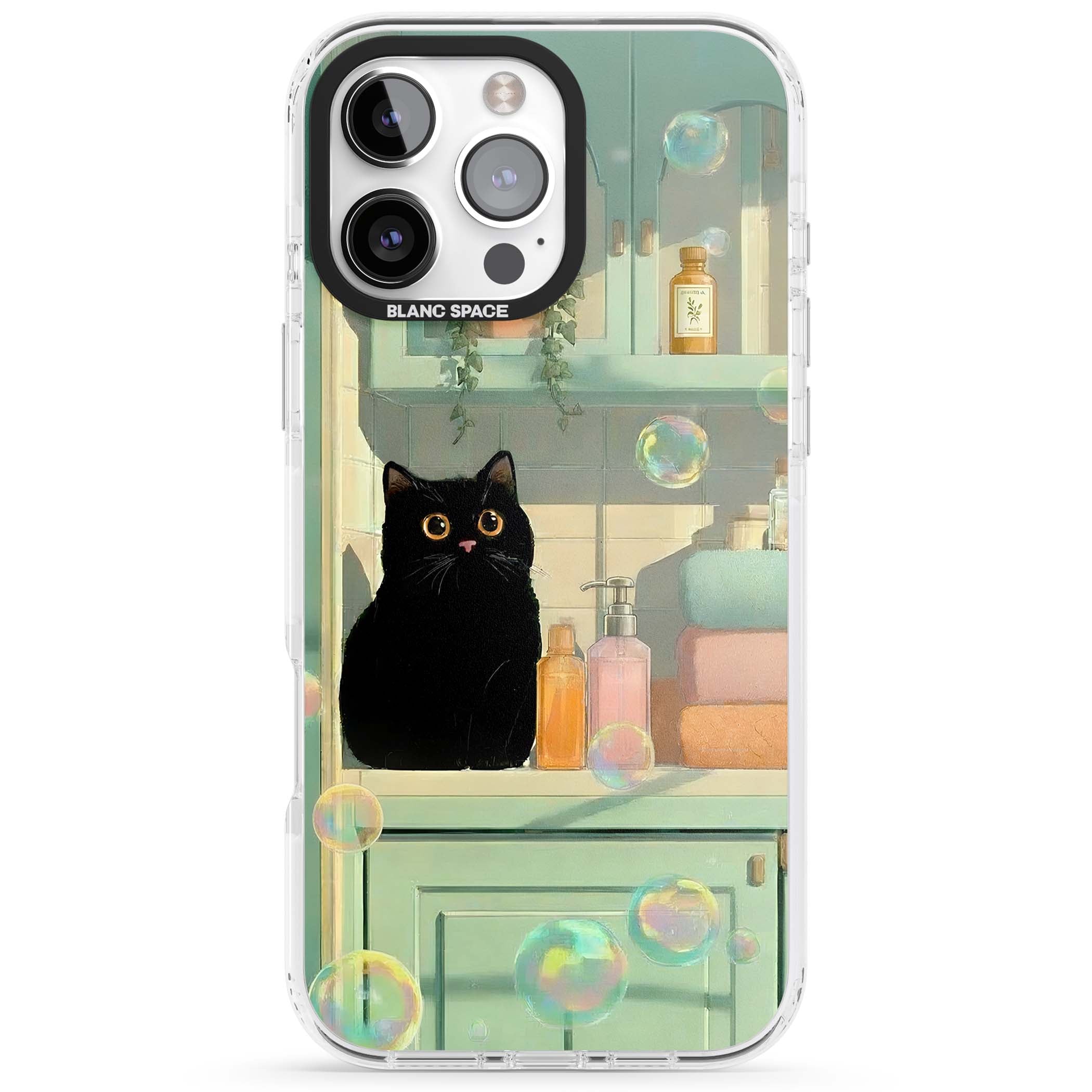 Bathroom Bubble Kitty cottagecore iPhone case featuring a black cat, mint bathroom scene and floating soap bubbles | Impact Magsafe case for iPhone 16 Pro, iPhone 16 Pro Max