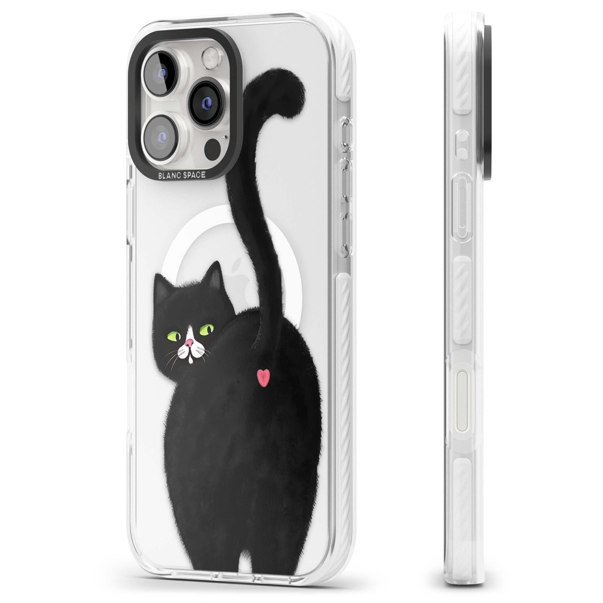 The Cat's Kiss cute cat iPhone case featuring a hand-painted tuxedo kitty with green eyes and a pink heart on a clear | Impact Magsafe case for iPhone 16 Pro, iPhone 16 Pro Max