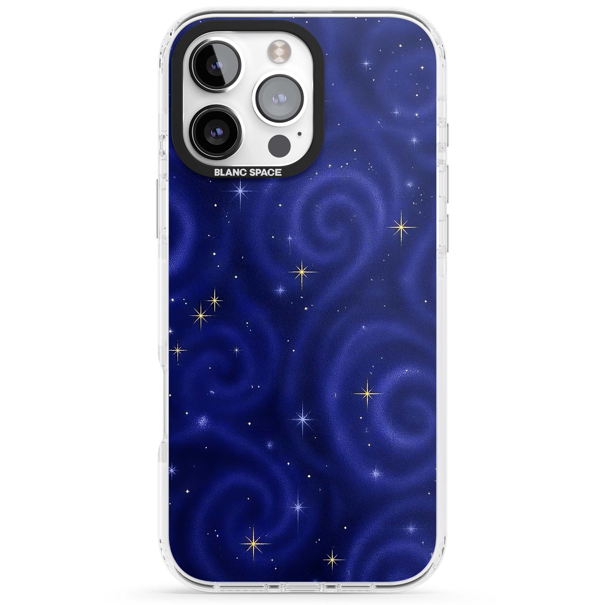Indigo Cosmos celestial iPhone case featuring swirling navy night sky and sparkling golden stars | Impact Magsafe case for iPhone 16 Pro, iPhone 16 Pro Max