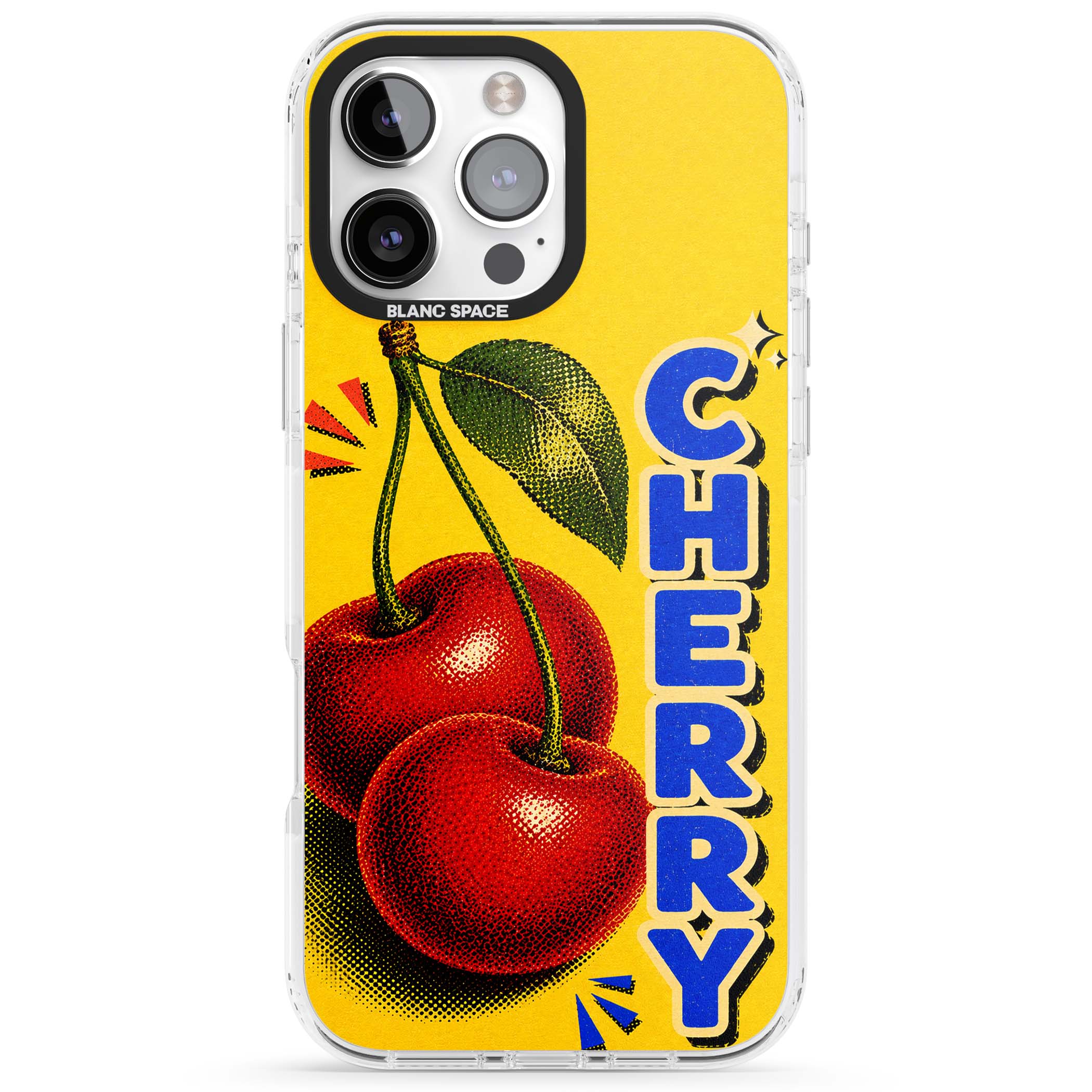 Cherry Yellow y2k iPhone case featuring two red cherries, halftone shading and bold blue CHERRY lettering on yellow | Impact Magsafe case for iPhone 16 Pro, iPhone 16 Pro Max