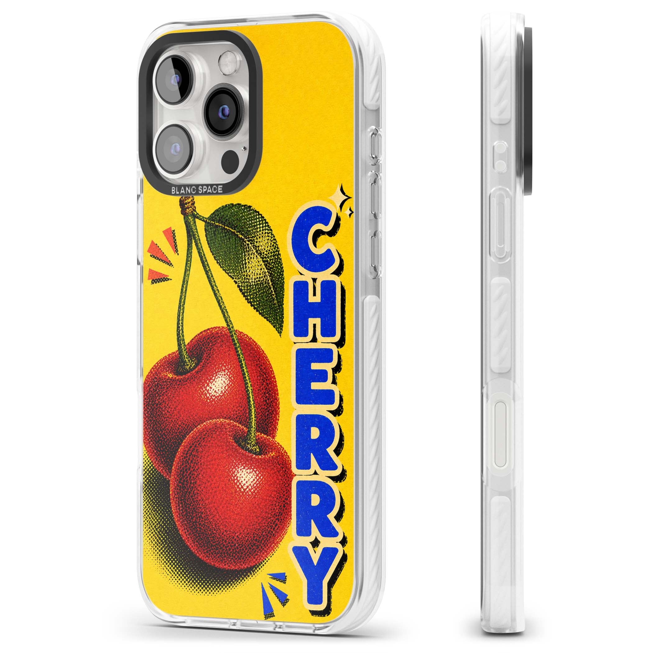 Cherry Yellow y2k iPhone case featuring two red cherries, halftone shading and bold blue CHERRY lettering on yellow | Impact Magsafe case for iPhone 16 Pro, iPhone 16 Pro Max