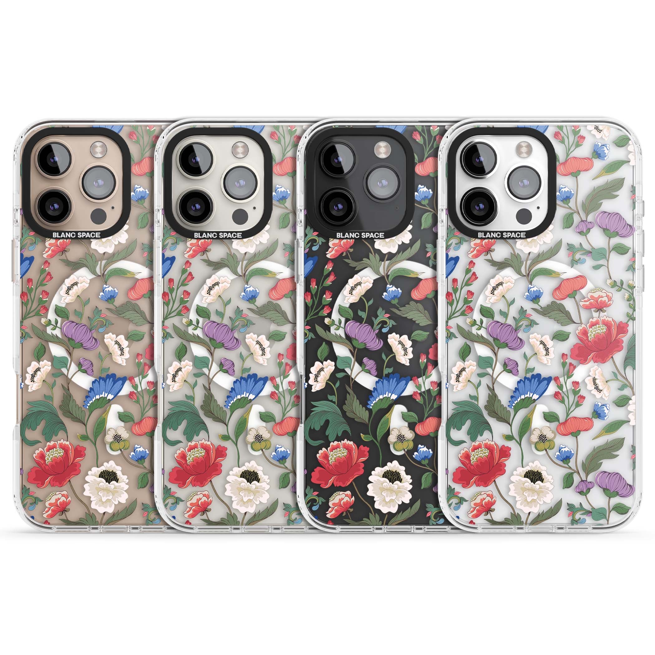 Chinoiserie Bloom vintage floral iPhone case featuring hand-painted peonies, poppies and trailing wildflowers on clear... | Impact Magsafe case for iPhone 16 Pro, iPhone 16 Pro Max