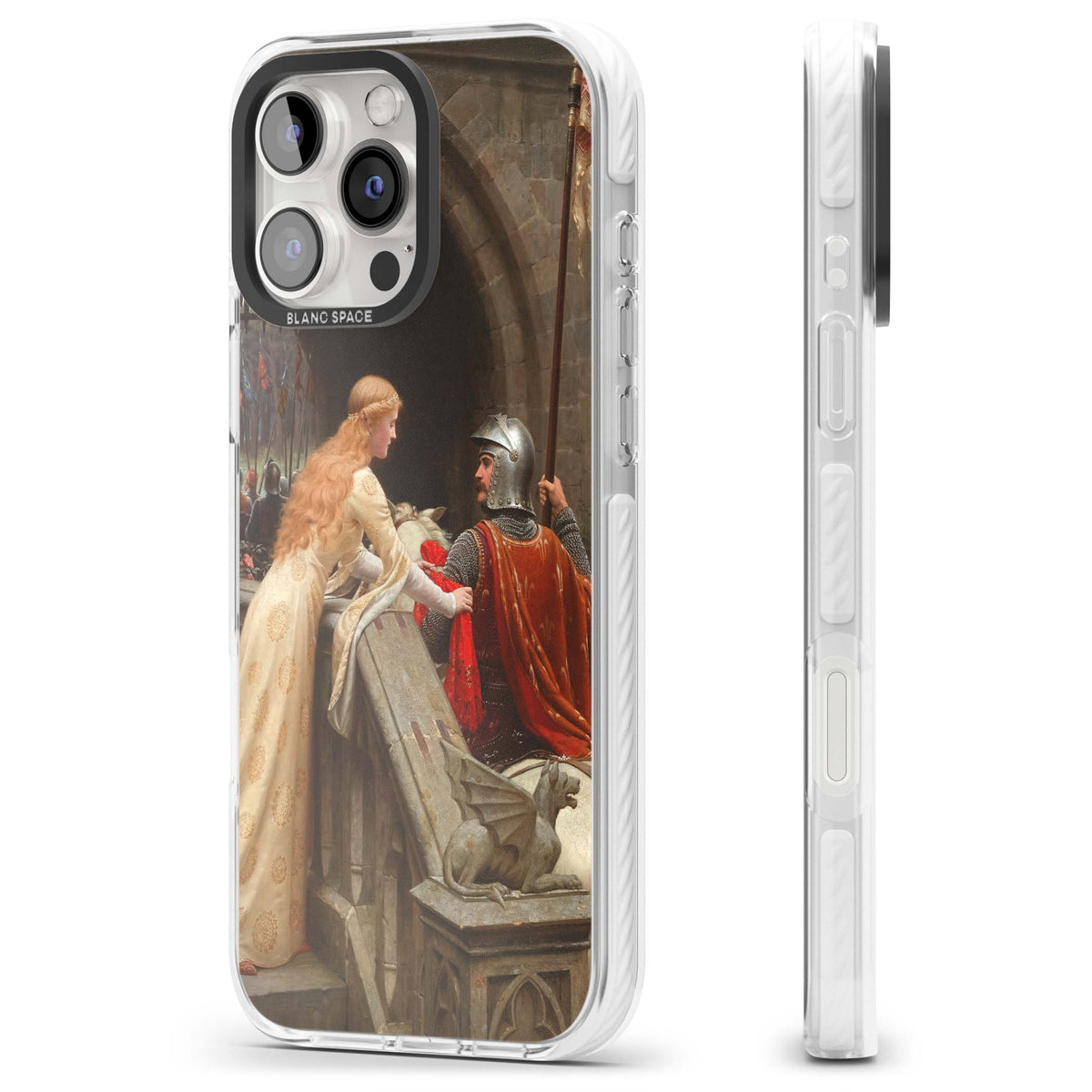 God Speed fine art iPhone case featuring Edmund Blair Leighton's medieval knight and lady beneath a stone archway | Impact Magsafe case for iPhone 16 Pro, iPhone 16 Pro Max