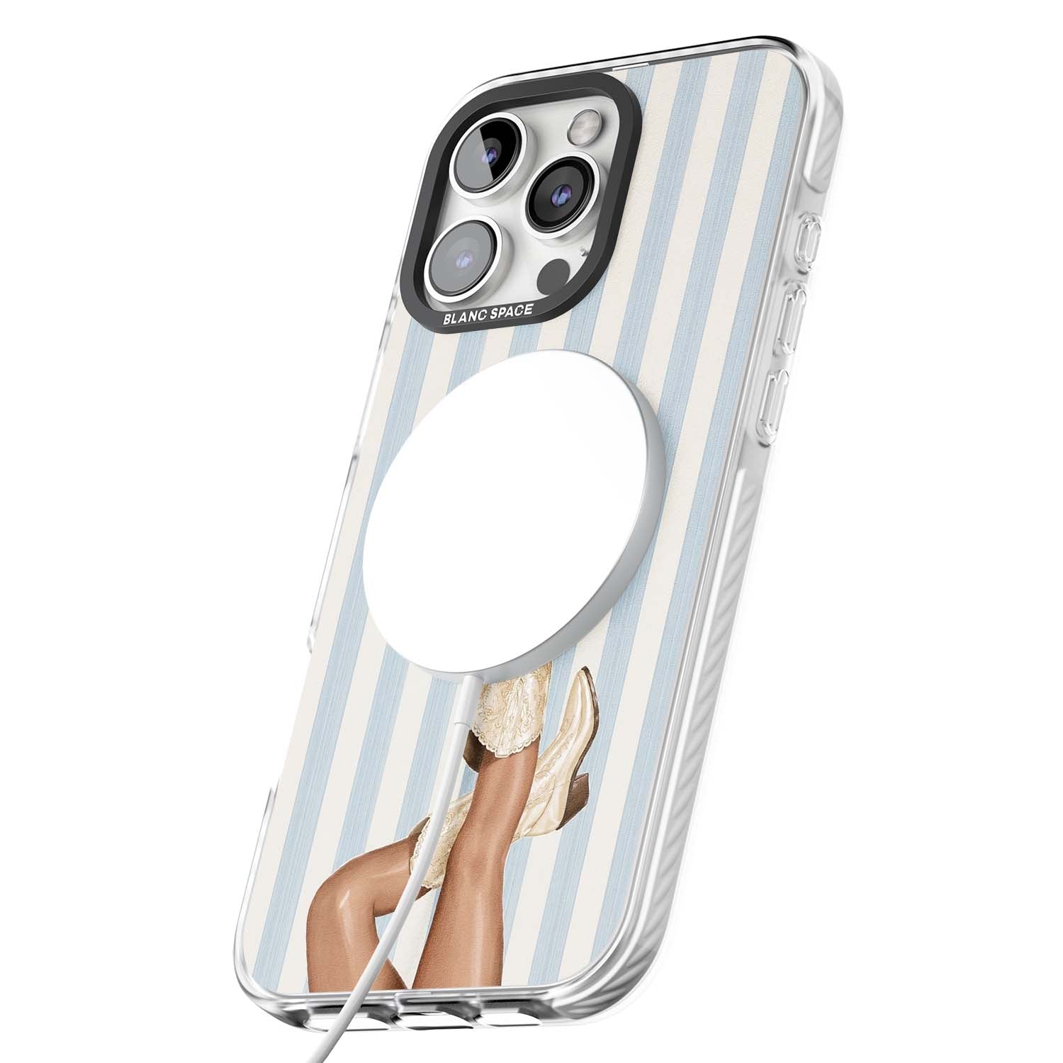 Cowgirl Boots coastal cowgirl iPhone case featuring embroidered western boots, tanned legs and a blue stripe backdrop | Impact Magsafe case for iPhone 16 Pro, iPhone 16 Pro Max