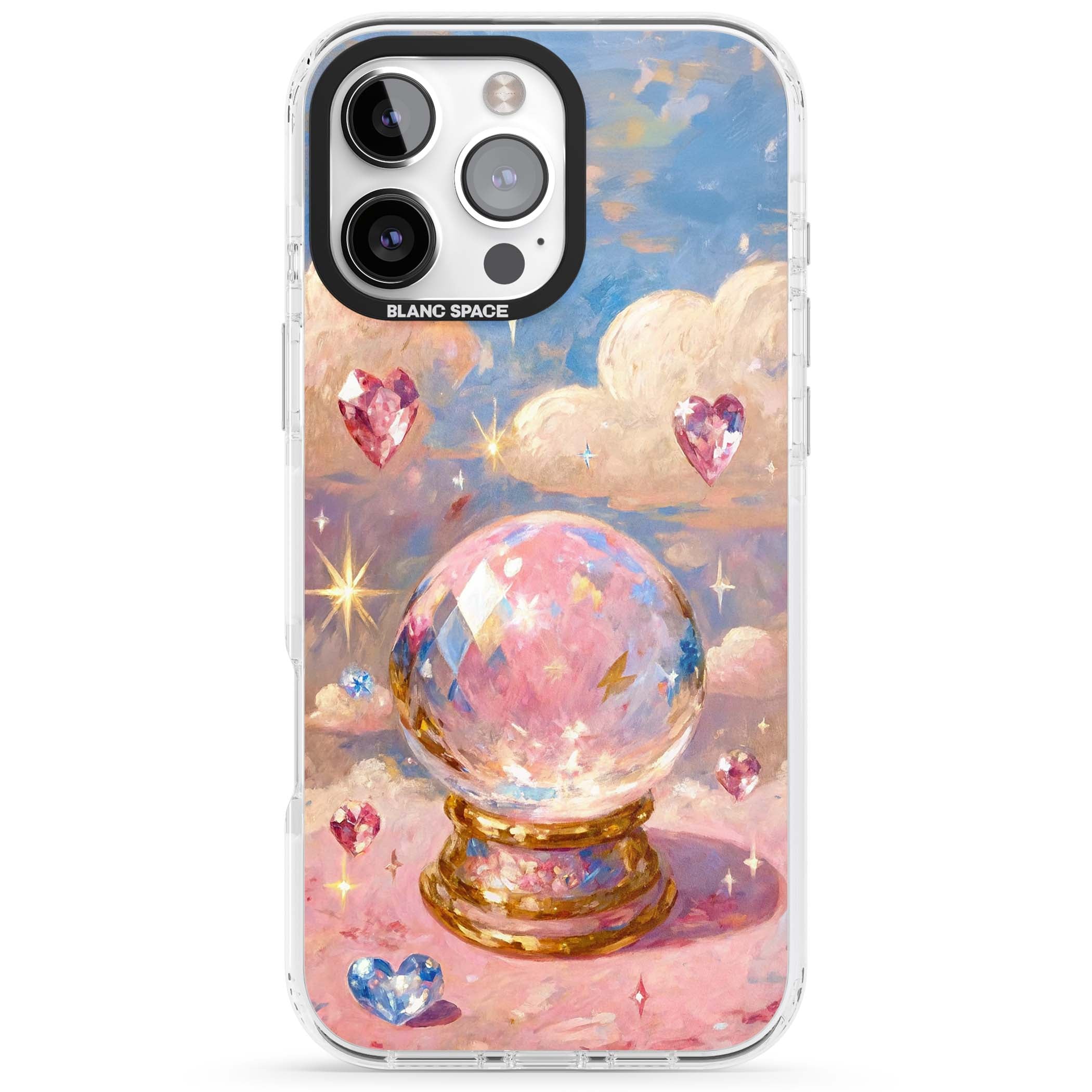 Crystal Ball fairycore iPhone case featuring a painted crystal ball, heart gemstones, and pastel clouds | Impact Magsafe case for iPhone 16 Pro, iPhone 16 Pro Max