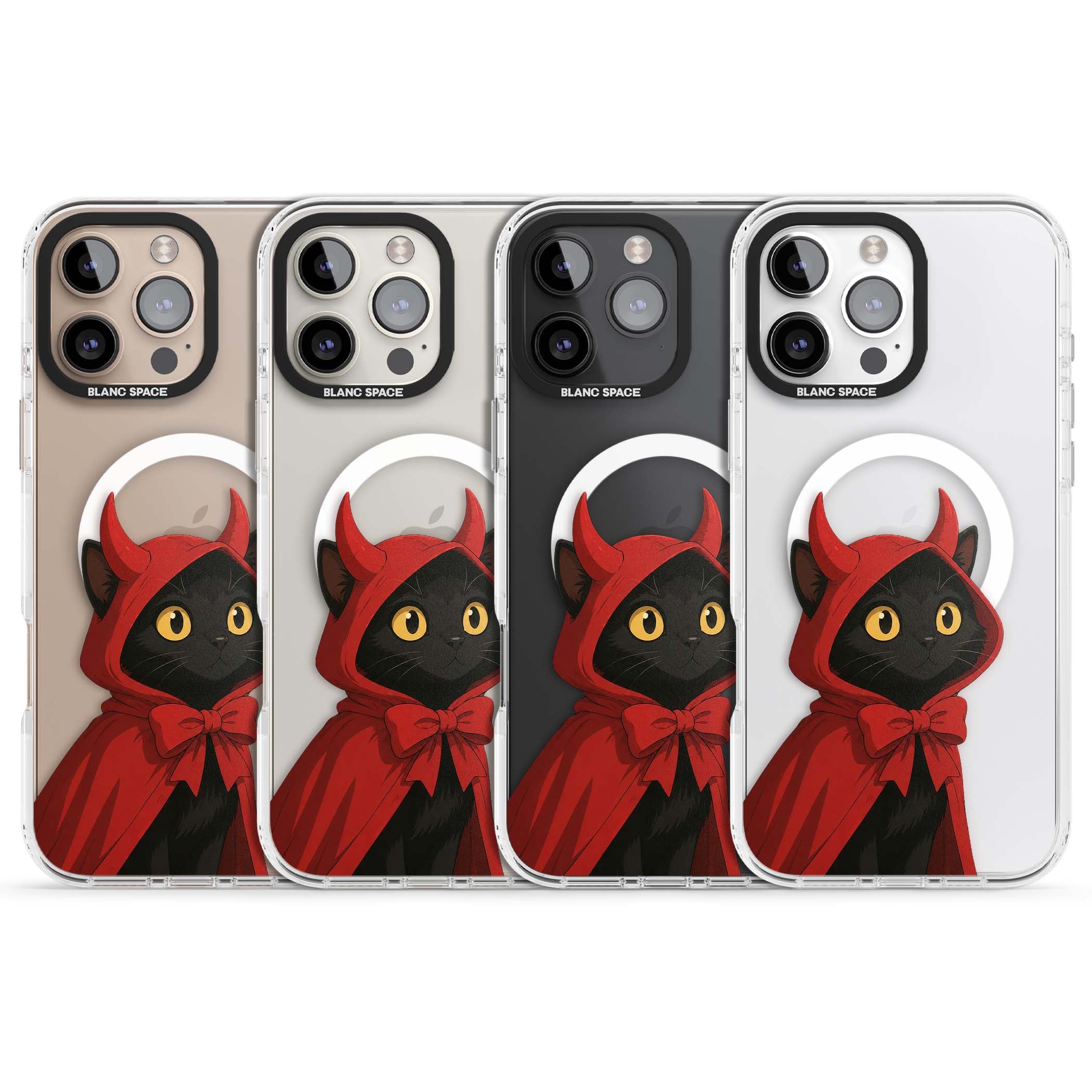 Little Devil halloween iPhone case featuring a black cat in a red hooded devil cloak with horns and golden eyes | Impact Magsafe case for iPhone 16 Pro, iPhone 16 Pro Max