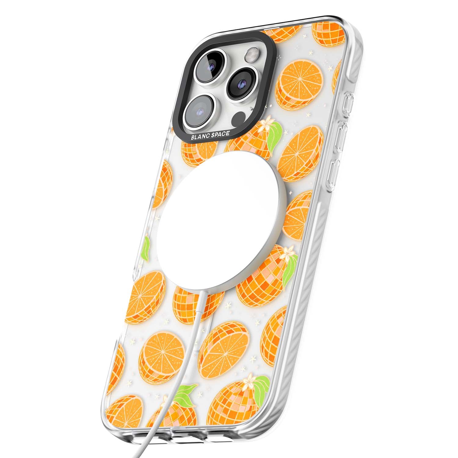 Disco Oranges retro iPhone case featuring mirrorball oranges, citrus slices and tiny blossoms on clear | Impact Magsafe case for iPhone 16 Pro, iPhone 16 Pro Max