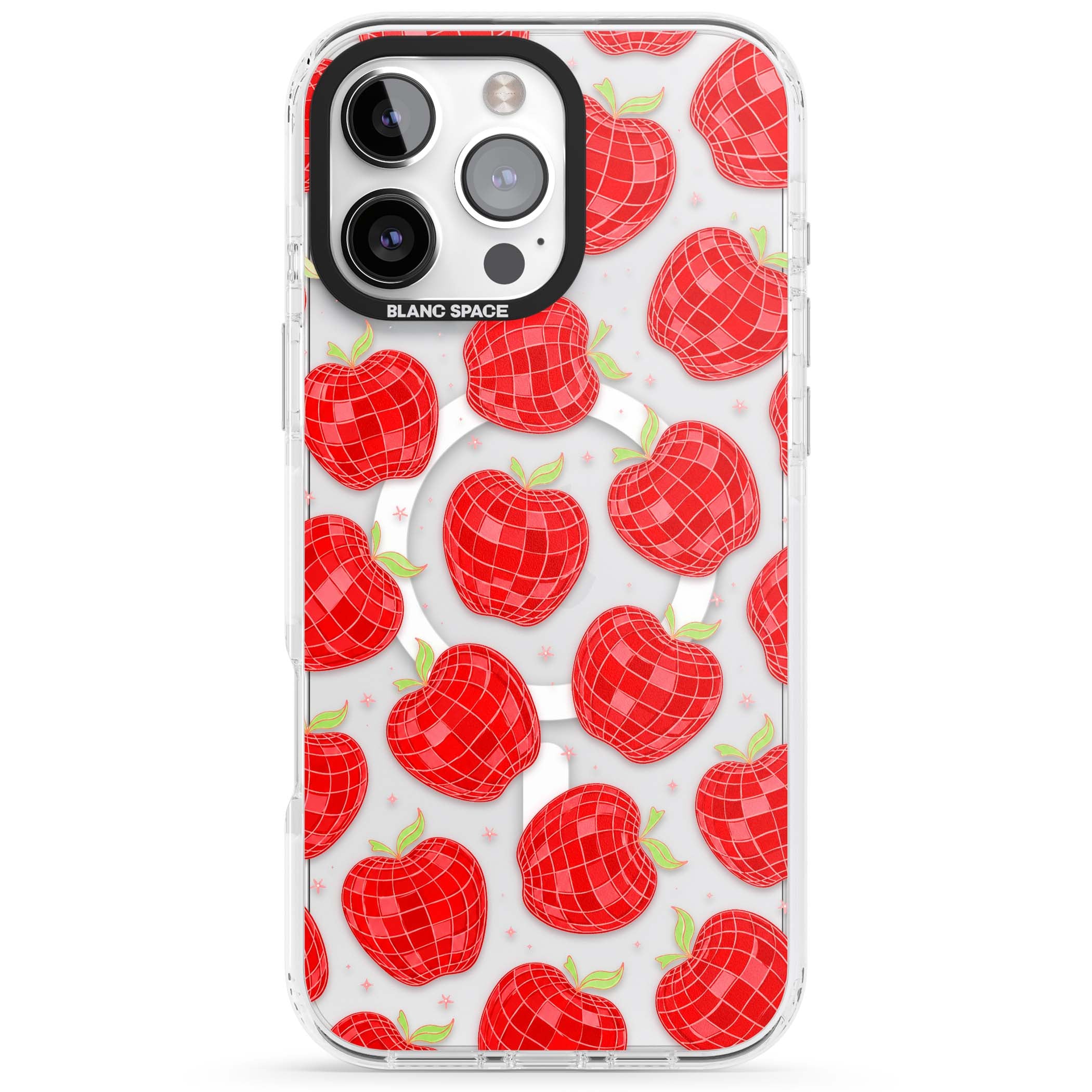 Disco Apples Y2K iPhone case featuring red disco ball apples, green leaves and pink sparkles on clear | Impact Magsafe case for iPhone 16 Pro, iPhone 16 Pro Max