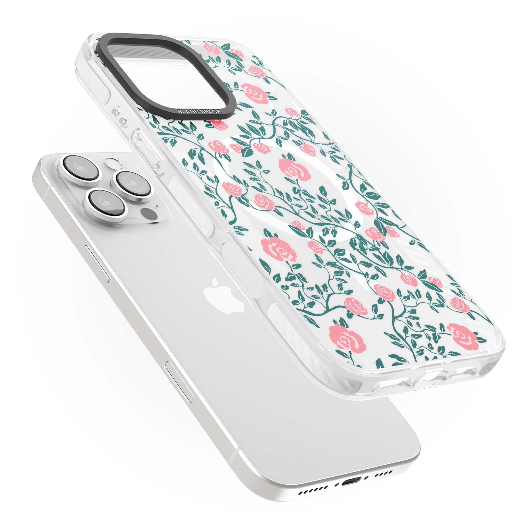 Rose Trellis (Clear) cottagecore iPhone case featuring pink climbing roses and green leaves on clear background | Impact Magsafe case for iPhone 16 Pro, iPhone 16 Pro Max