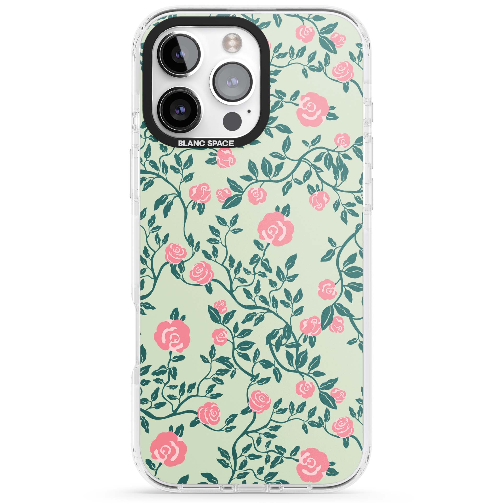 Rose Trellis cottagecore iPhone case featuring pink roses, sage green vines, and mint background | Impact Magsafe case for iPhone 16 Pro, iPhone 16 Pro Max