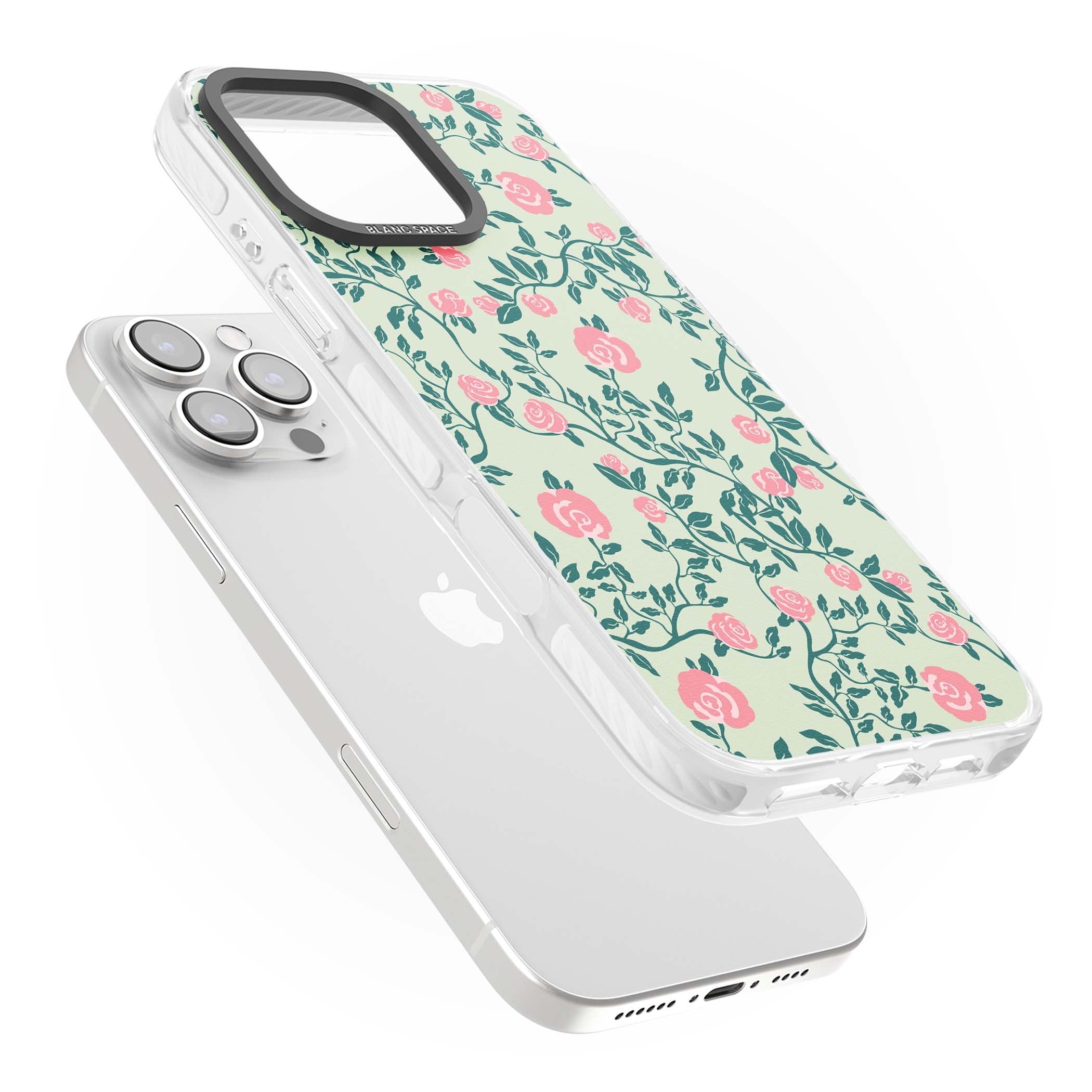 Rose Trellis cottagecore iPhone case featuring pink roses, sage green vines, and mint background | Impact Magsafe case for iPhone 16 Pro, iPhone 16 Pro Max