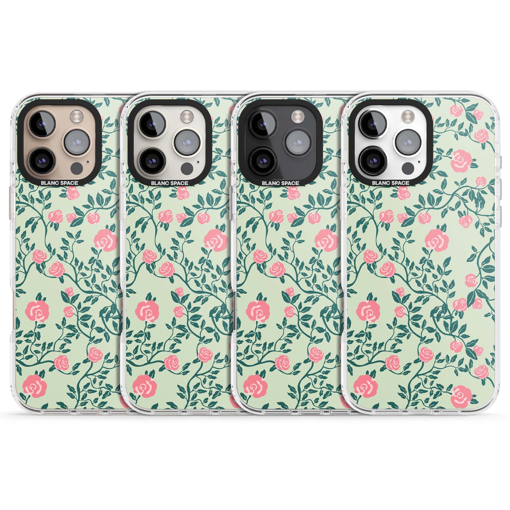 Rose Trellis cottagecore iPhone case featuring pink roses, sage green vines, and mint background | Impact Magsafe case for iPhone 16 Pro, iPhone 16 Pro Max