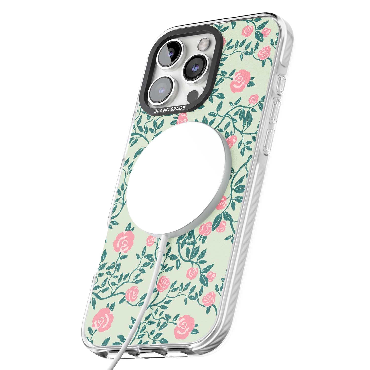 Rose Trellis cottagecore iPhone case featuring pink roses, sage green vines, and mint background | Impact Magsafe case for iPhone 16 Pro, iPhone 16 Pro Max