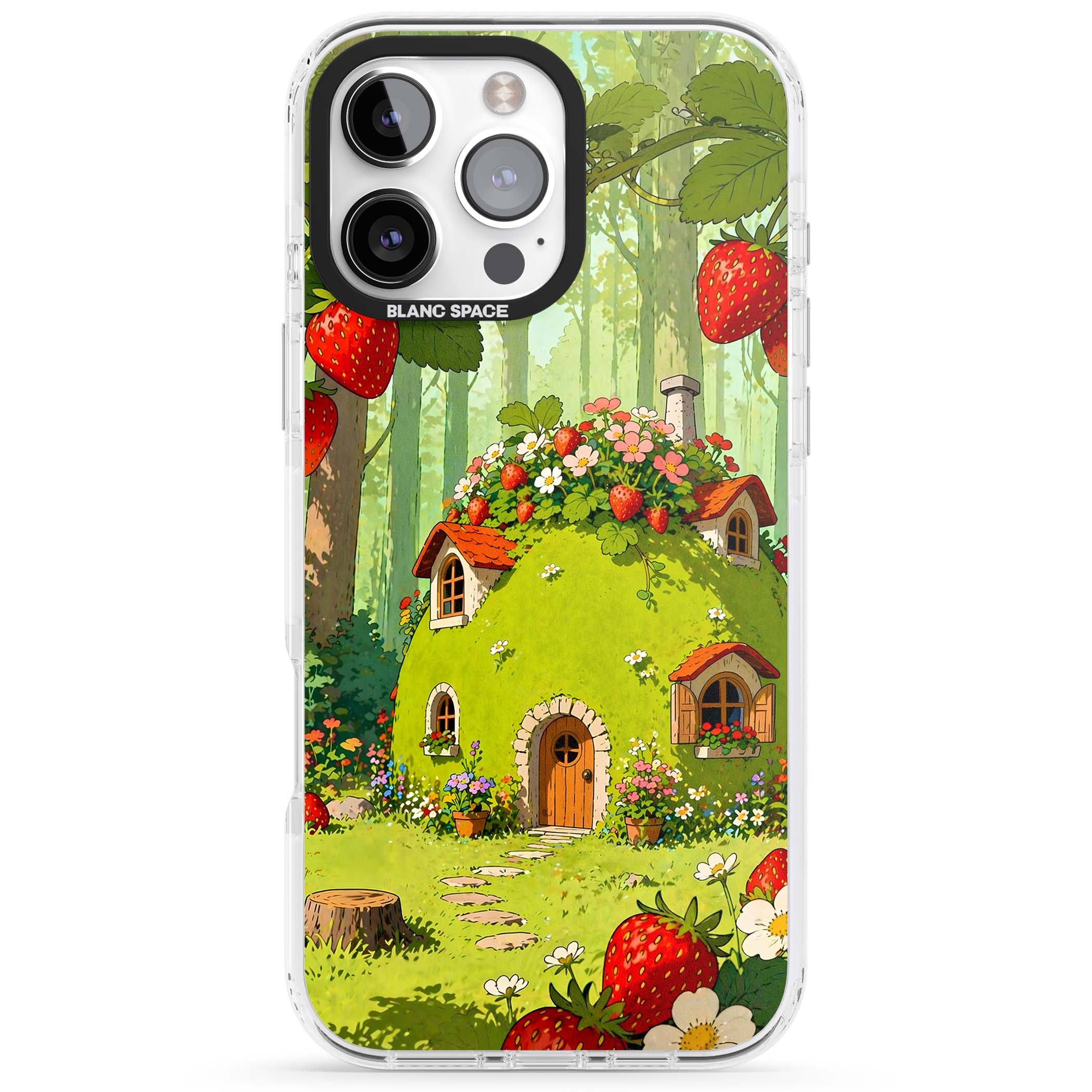 Strawberry Cottage cottagecore iPhone case featuring a green fairy house, wild strawberries and enchanted forest flowers | Impact Magsafe case for iPhone 16 Pro, iPhone 16 Pro Max