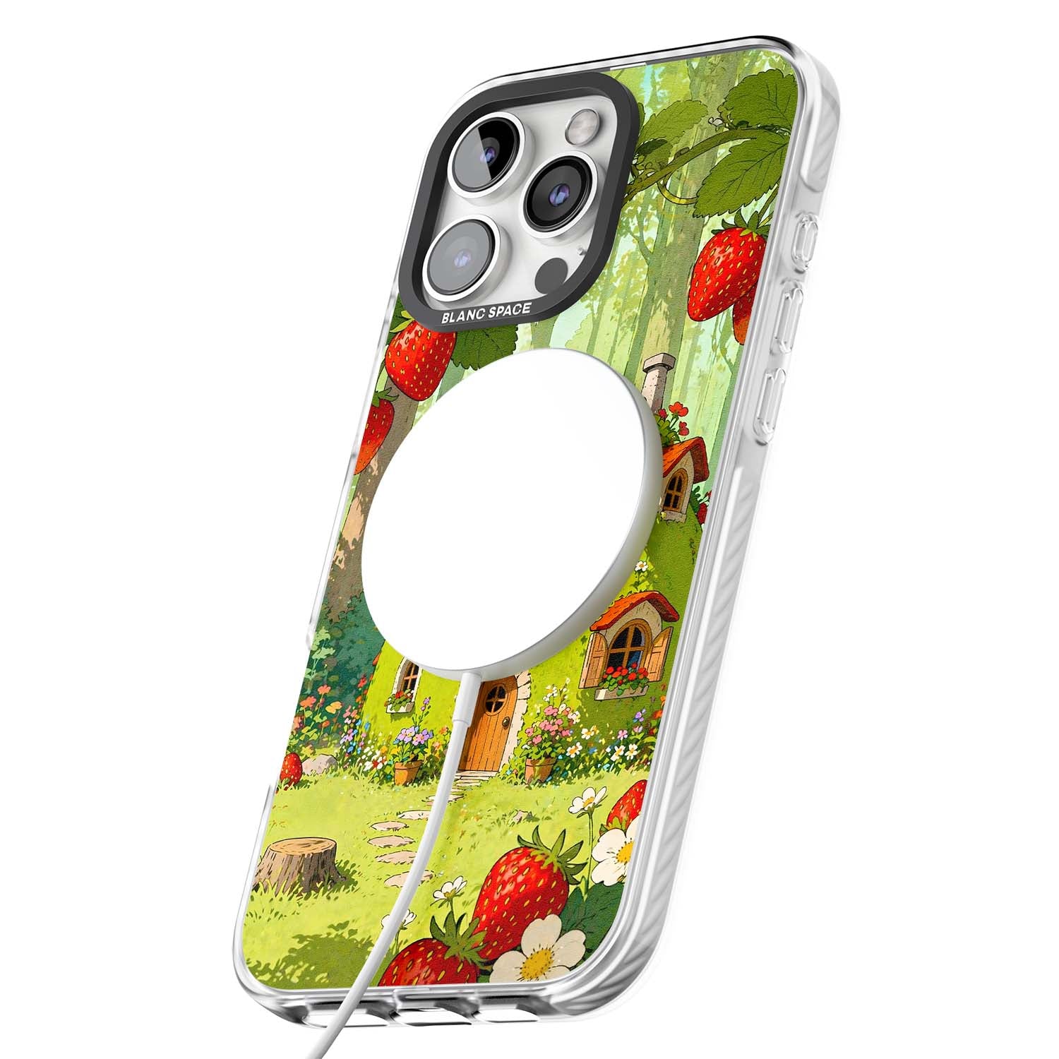 Strawberry Cottage cottagecore iPhone case featuring a green fairy house, wild strawberries and enchanted forest flowers | Impact Magsafe case for iPhone 16 Pro, iPhone 16 Pro Max