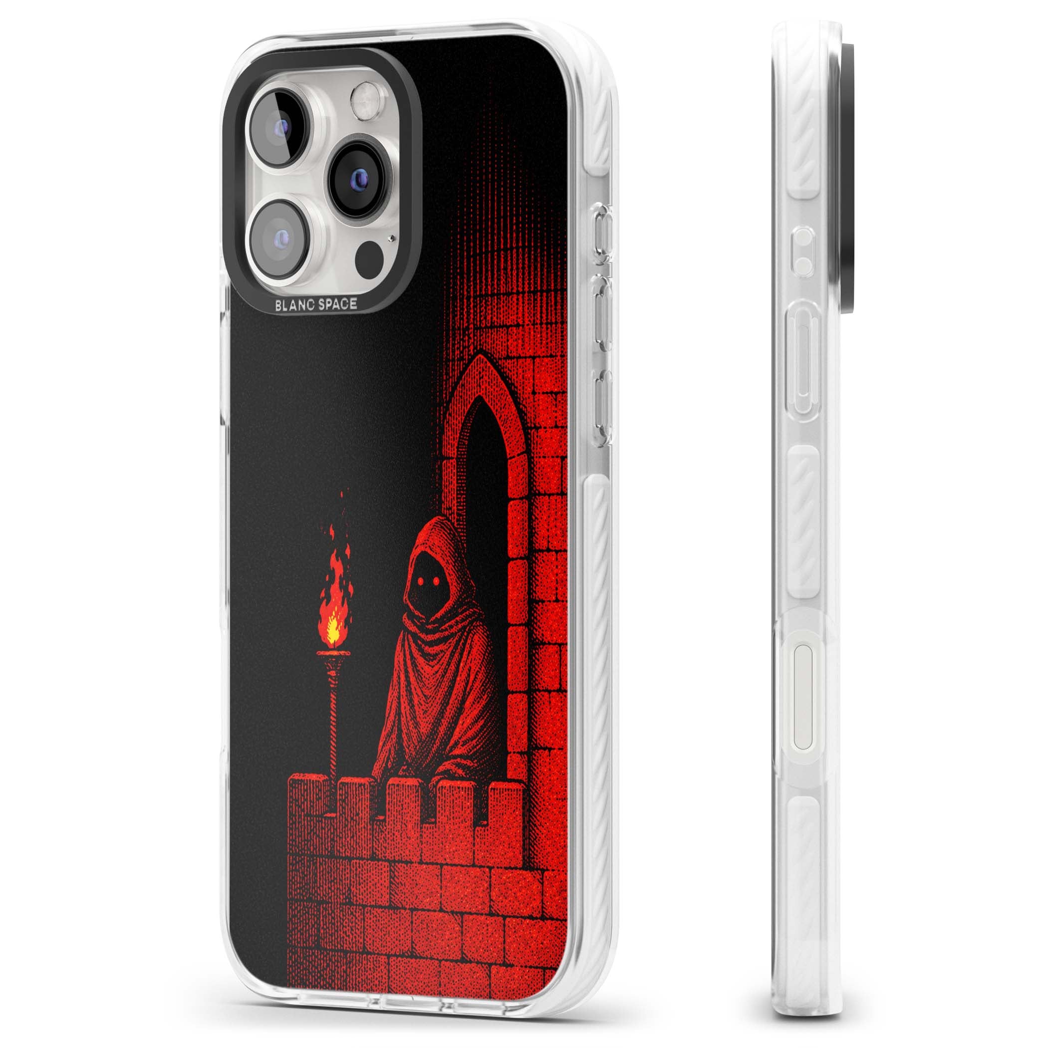 Crimson Crypt gothic iPhone case featuring a hooded reaper, torchlit crypt archway and red halftone horror art | Impact Magsafe case for iPhone 16 Pro, iPhone 16 Pro Max