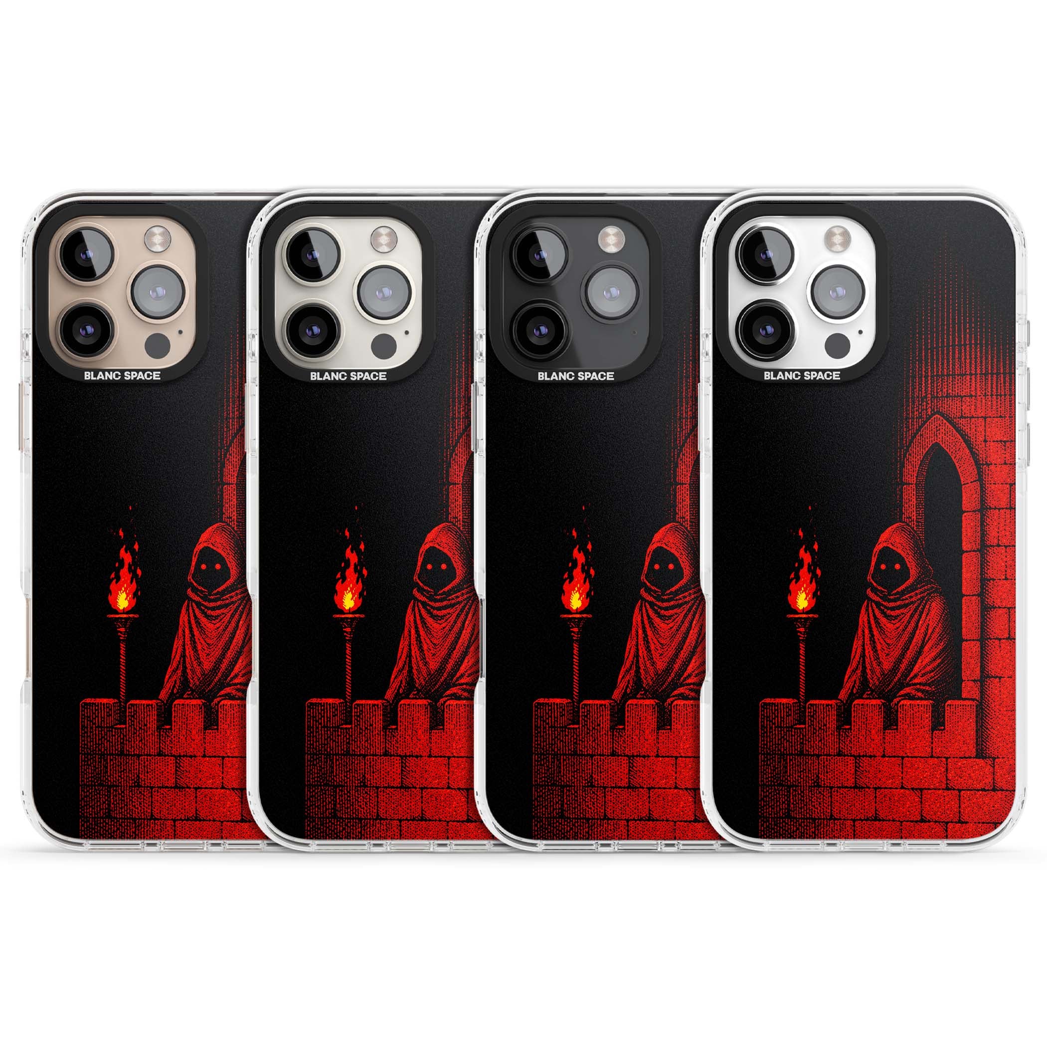Crimson Crypt gothic iPhone case featuring a hooded reaper, torchlit crypt archway and red halftone horror art | Impact Magsafe case for iPhone 16 Pro, iPhone 16 Pro Max