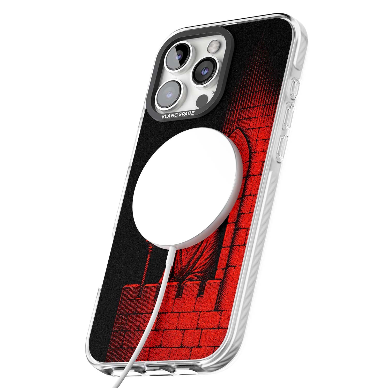 Crimson Crypt gothic iPhone case featuring a hooded reaper, torchlit crypt archway and red halftone horror art | Impact Magsafe case for iPhone 16 Pro, iPhone 16 Pro Max
