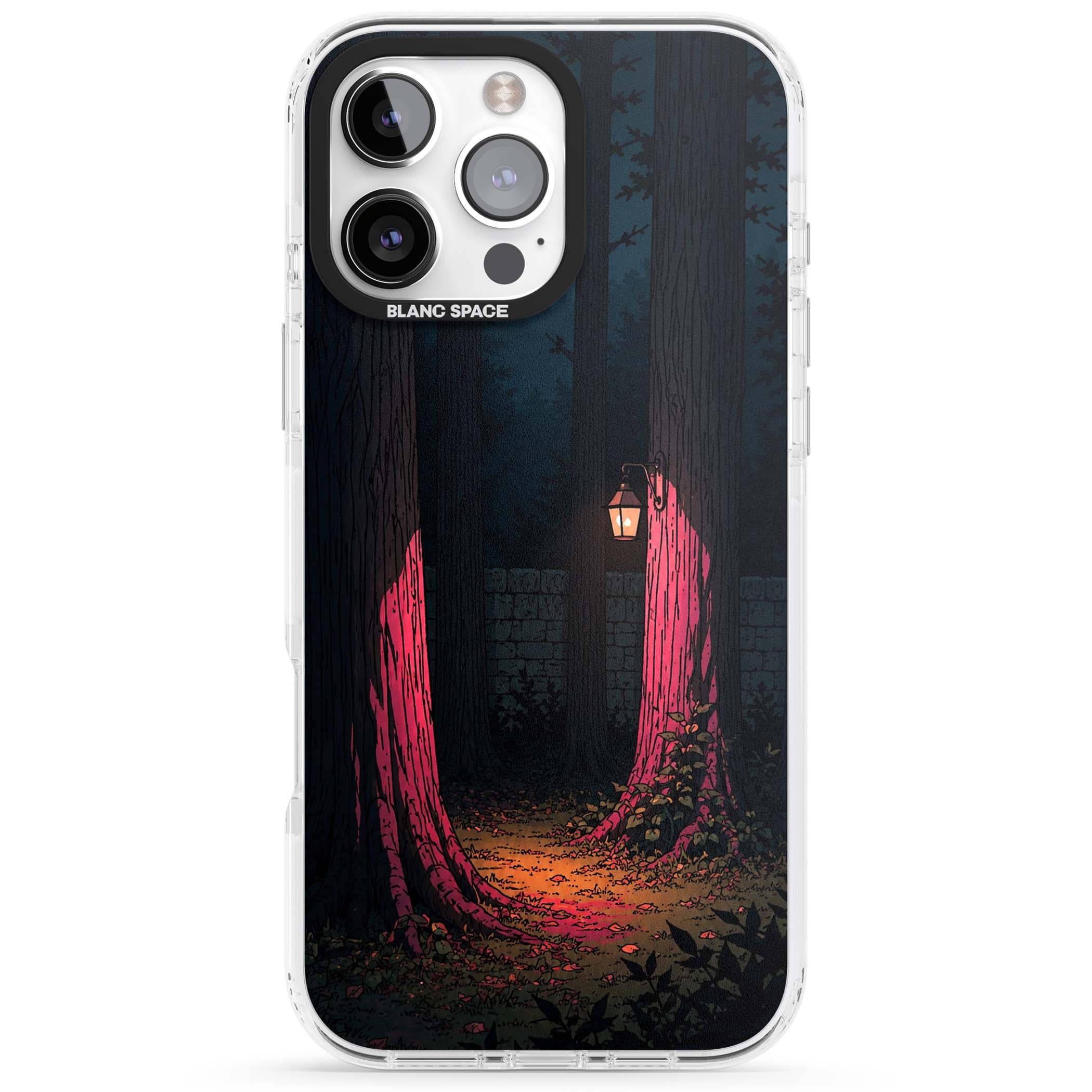 Forest Lantern dark academia iPhone case featuring a moonlit forest, glowing lantern, and stone wall pathway | Impact Magsafe case for iPhone 16 Pro, iPhone 16 Pro Max