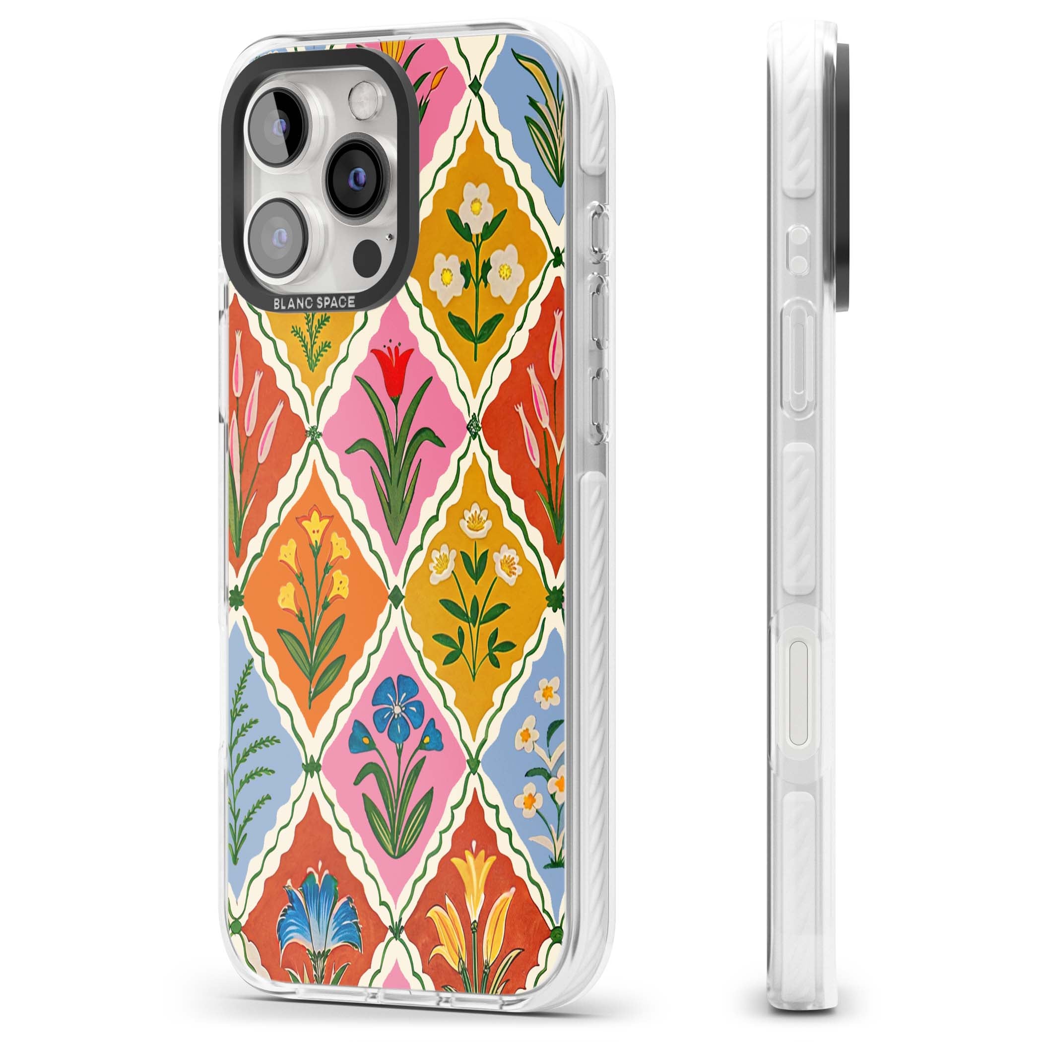 Floral Quilt boho floral iPhone case featuring diamond lattice pattern, hand-painted tulips and folk art wildflowers | Impact Magsafe case for iPhone 16 Pro, iPhone 16 Pro Max