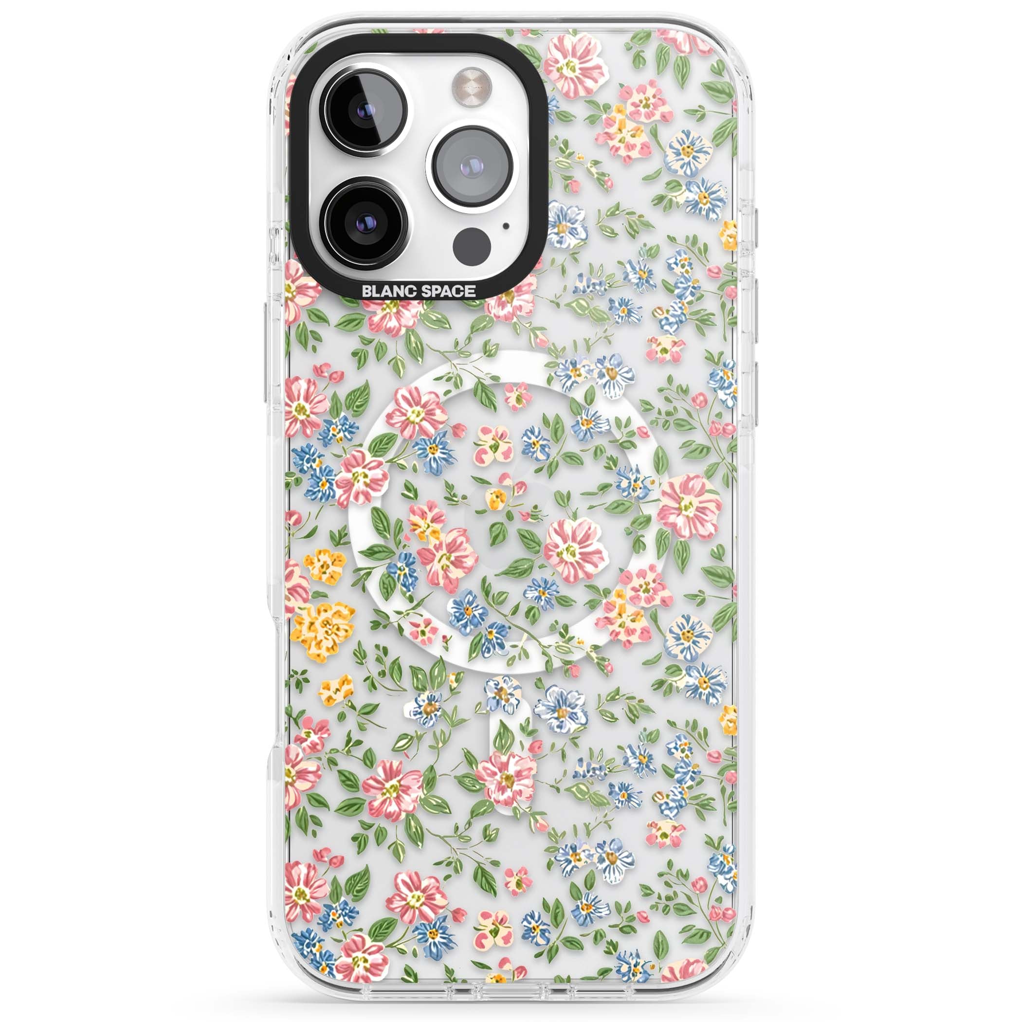 Soft Meadow cottagecore iPhone case featuring pink cosmos, blue forget-me-nots, yellow buttercups and green leaves sca | Impact Magsafe case for iPhone 16 Pro, iPhone 16 Pro Max
