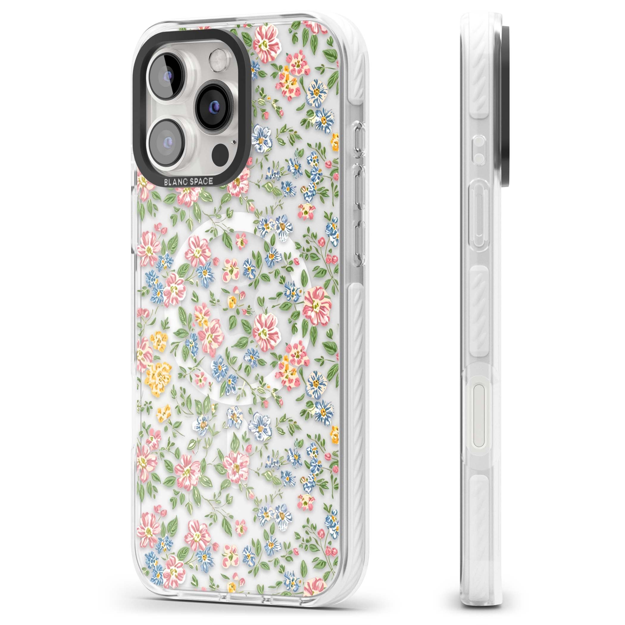 Soft Meadow cottagecore iPhone case featuring pink cosmos, blue forget-me-nots, yellow buttercups and green leaves sca | Impact Magsafe case for iPhone 16 Pro, iPhone 16 Pro Max