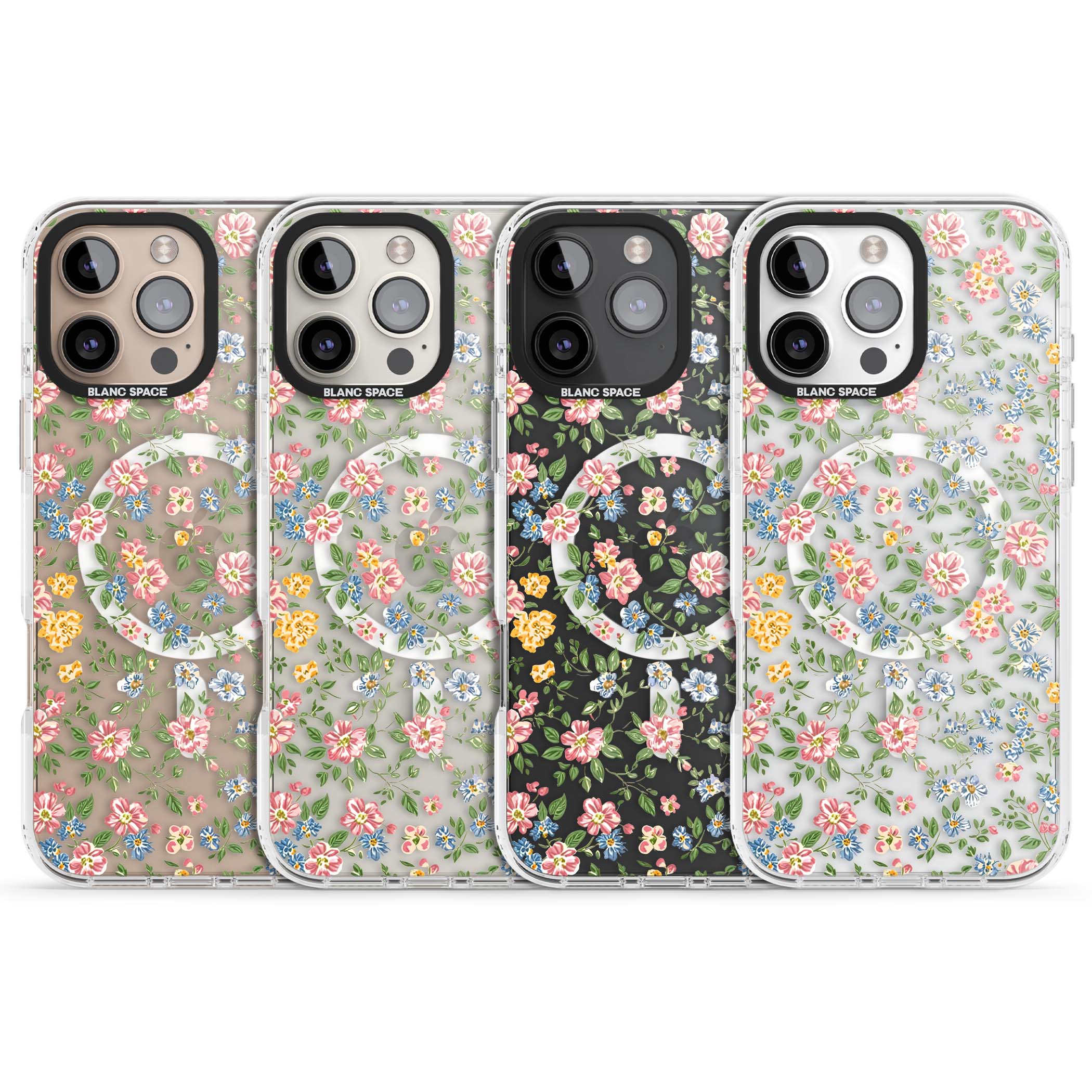 Soft Meadow cottagecore iPhone case featuring pink cosmos, blue forget-me-nots, yellow buttercups and green leaves sca | Impact Magsafe case for iPhone 16 Pro, iPhone 16 Pro Max