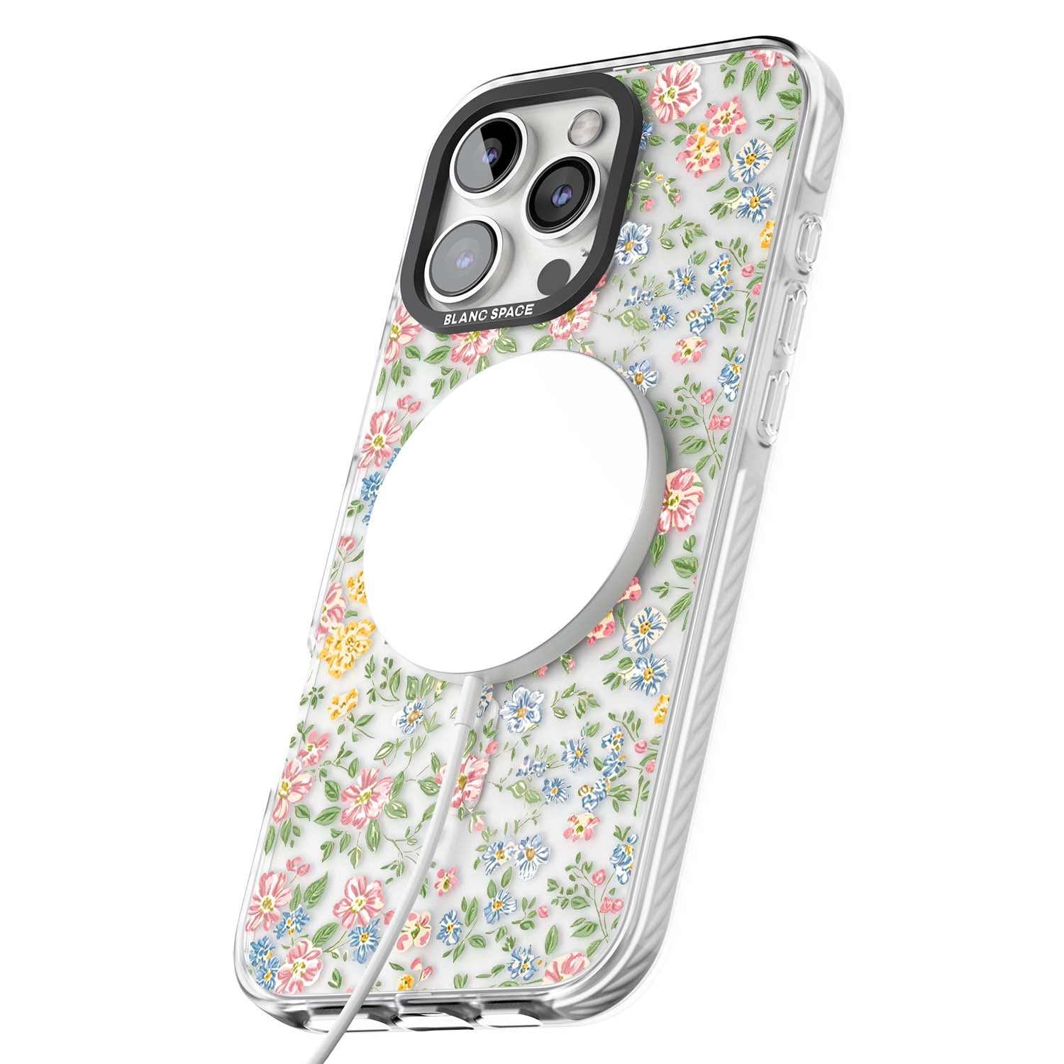 Soft Meadow cottagecore iPhone case featuring pink cosmos, blue forget-me-nots, yellow buttercups and green leaves sca | Impact Magsafe case for iPhone 16 Pro, iPhone 16 Pro Max