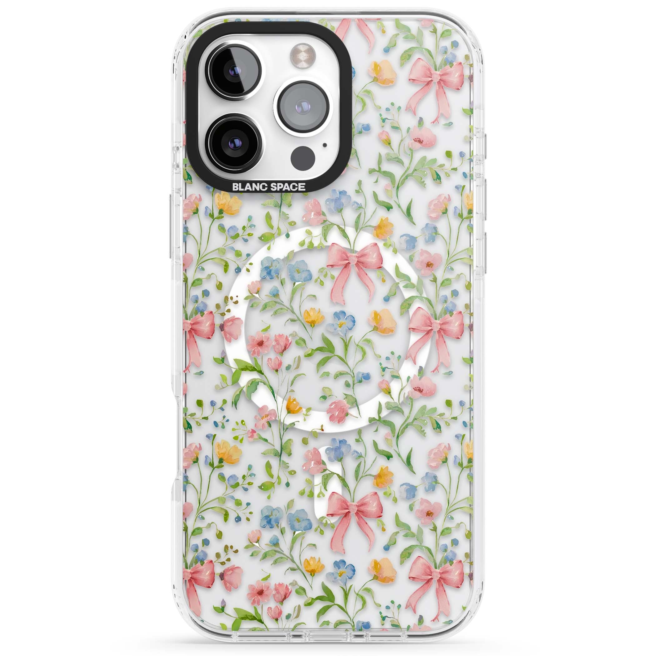 Ribbons & Wildflowers cottagecore iPhone case featuring watercolor wildflowers, pink satin bows, and delicate spring blooms o | Impact Magsafe case for iPhone 16 Pro, iPhone 16 Pro Max