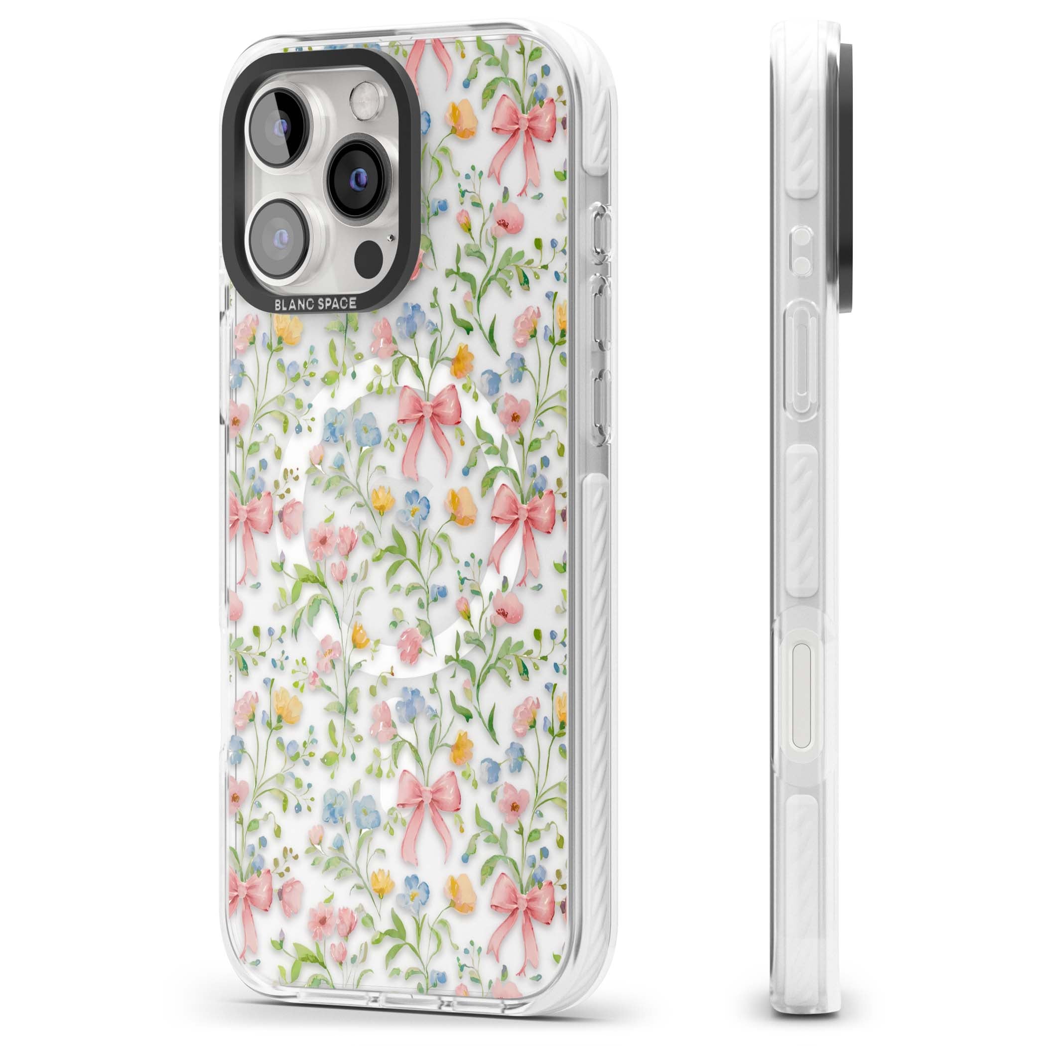 Ribbons & Wildflowers cottagecore iPhone case featuring watercolor wildflowers, pink satin bows, and delicate spring blooms o | Impact Magsafe case for iPhone 16 Pro, iPhone 16 Pro Max