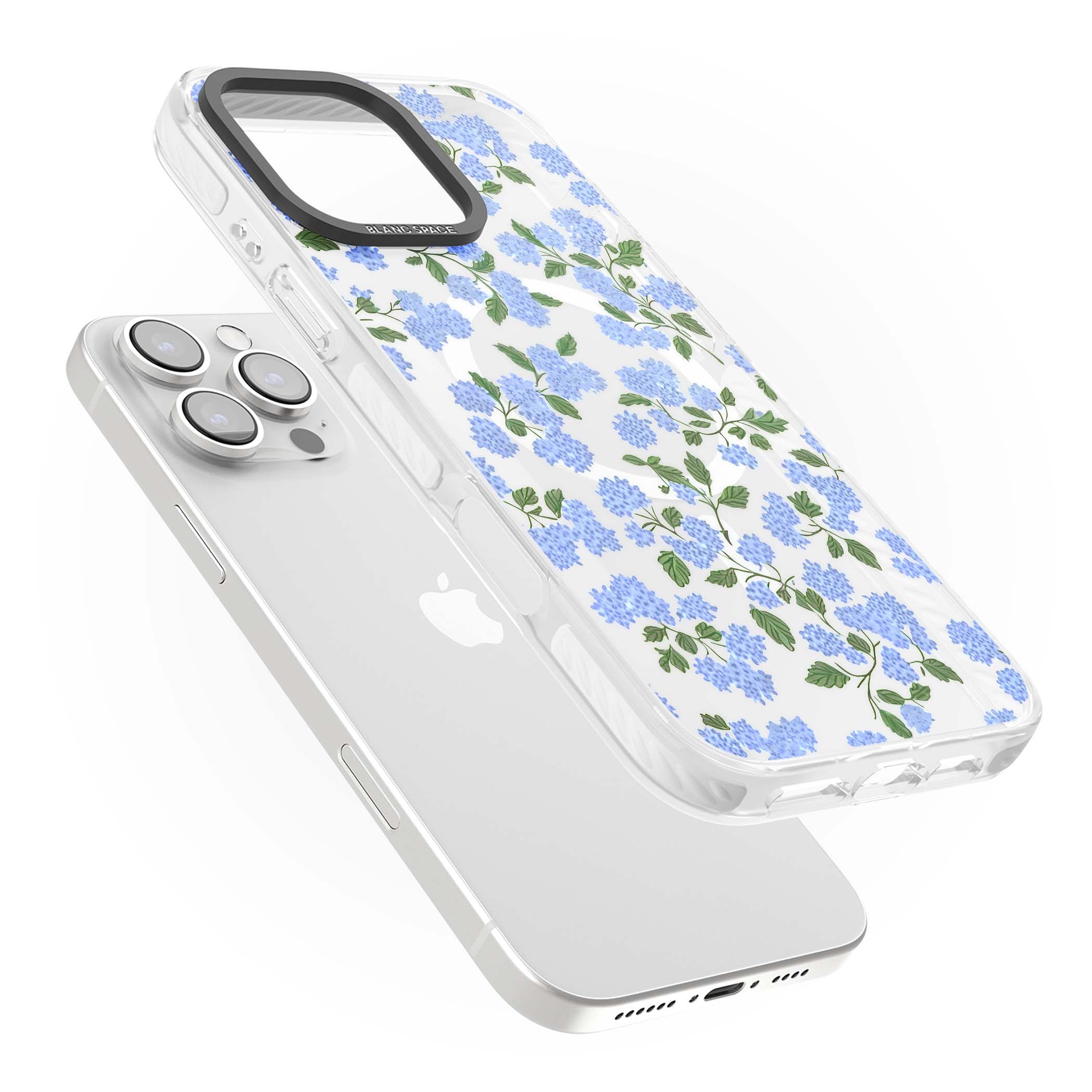 Hydrangea Dreams cottagecore iPhone case featuring soft blue hydrangea flower clusters and green leaves | Impact Magsafe case for iPhone 16 Pro, iPhone 16 Pro Max