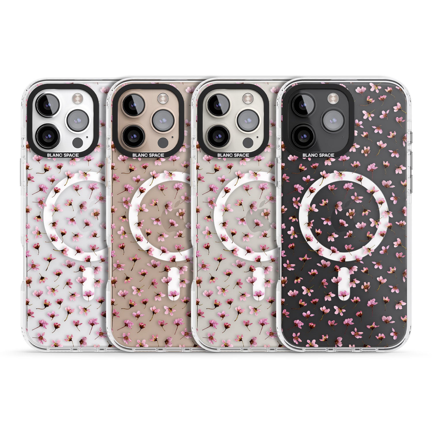 iPhone 16 Pro Max Small Pink Blossoms Transparent Design Black Impact Phone Case