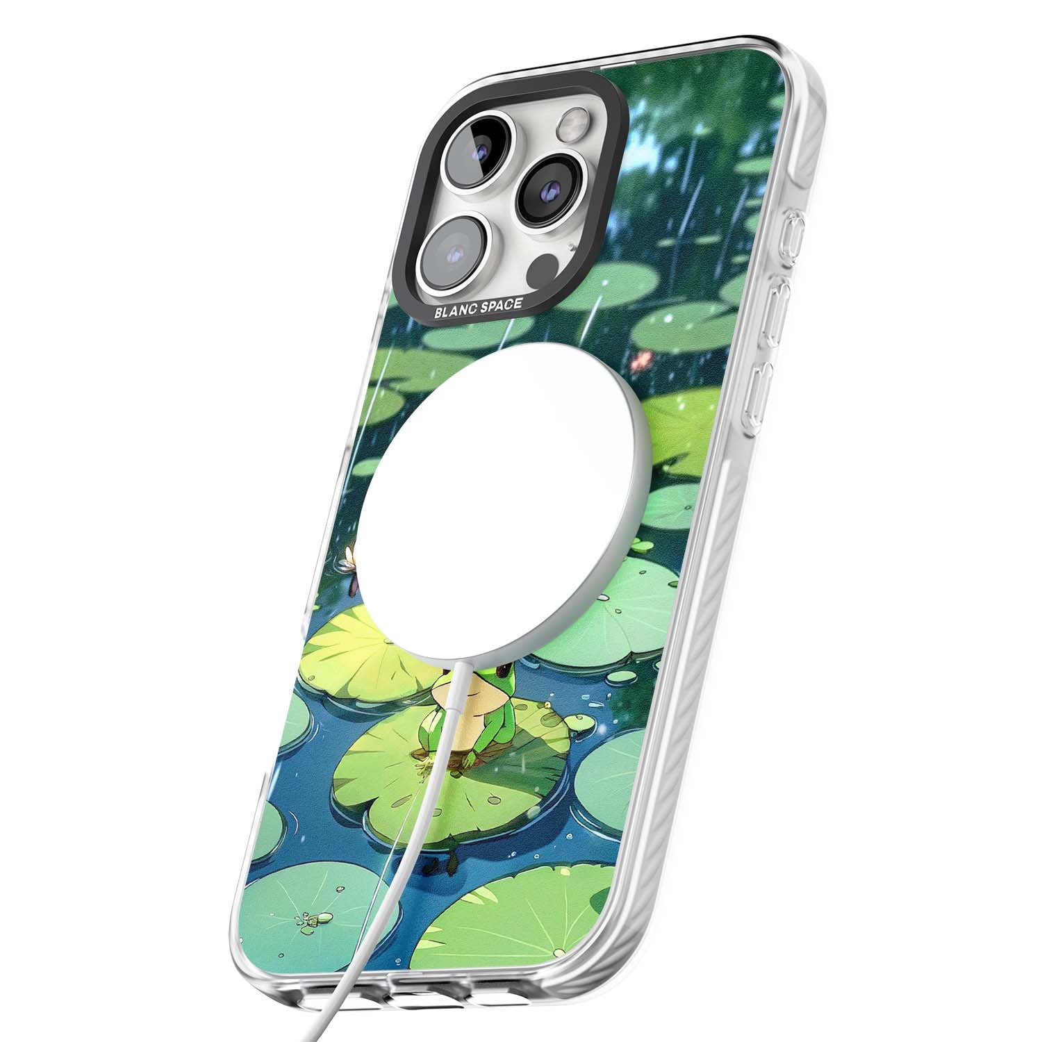 Frog In Lily Pond cottagecore iPhone case featuring a cute green frog on a lily pad with falling rain and a lotus flower | Impact Magsafe case for iPhone 16 Pro, iPhone 16 Pro Max