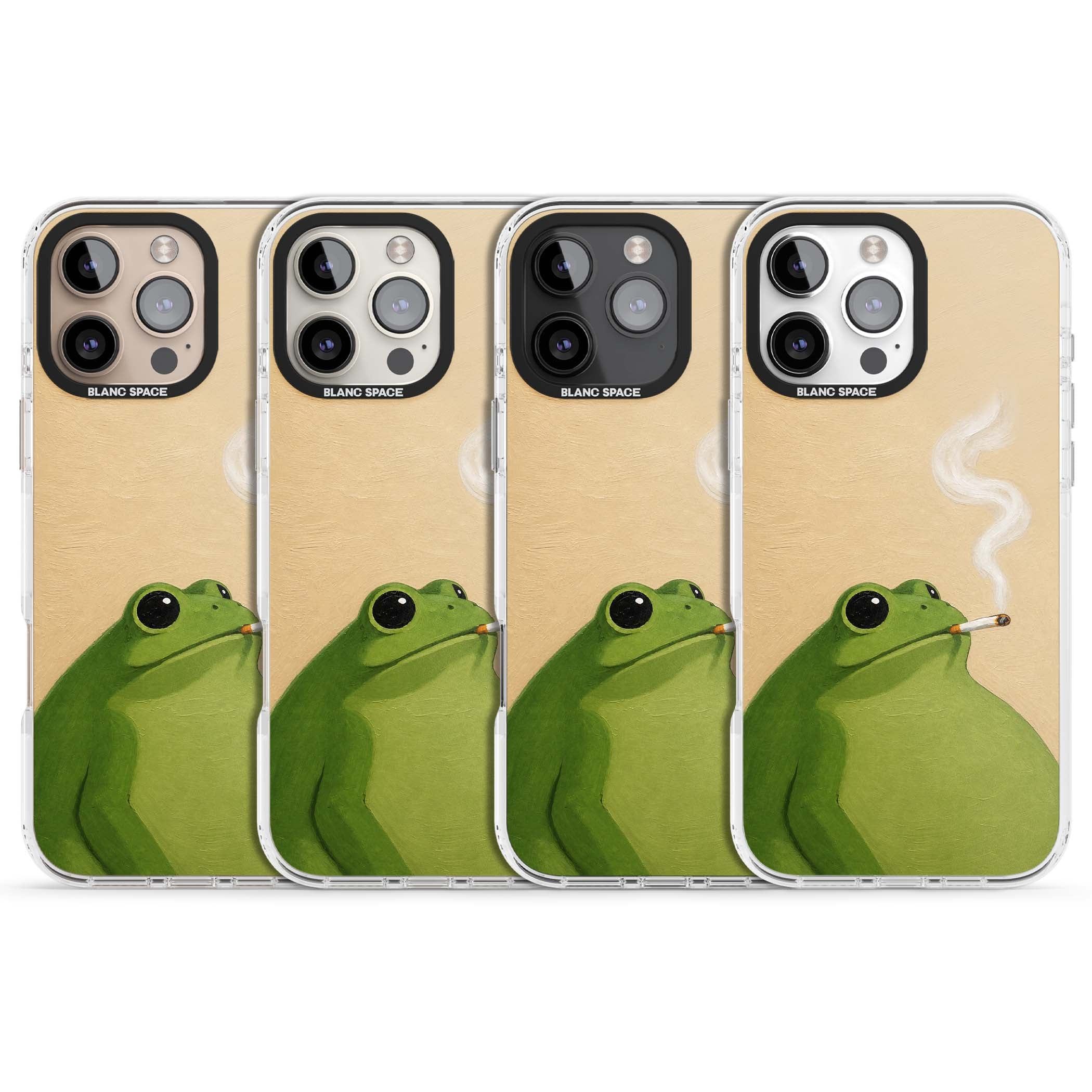 The Smoking Frog cottagecore iPhone case featuring a hand-painted green frog smoking a cigarette on a cream oil painting back | Impact Magsafe case for iPhone 16 Pro, iPhone 16 Pro Max