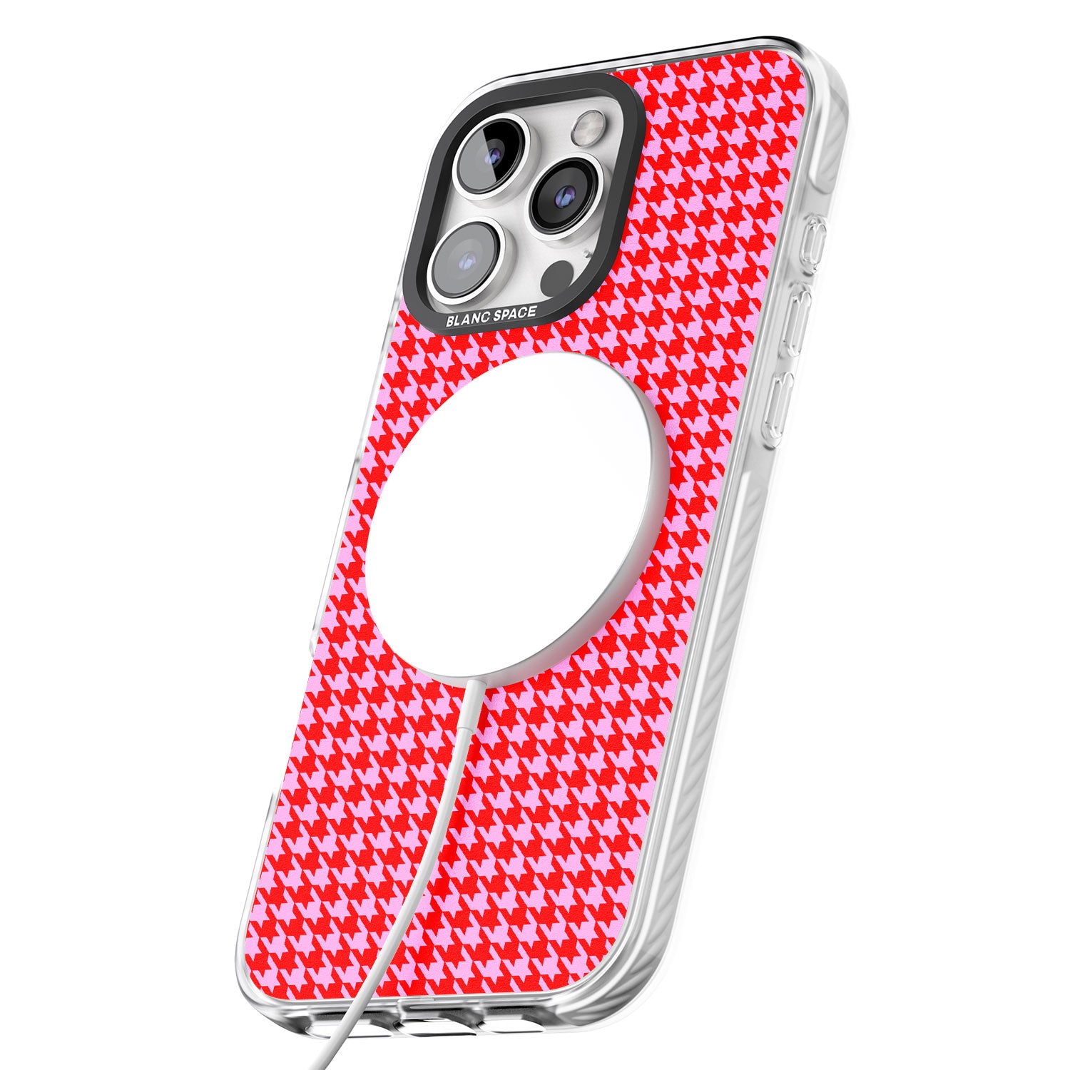iPhone 16 Pro Max Neon Pink & Red Houndstooth Pattern Black Impact Phone Case