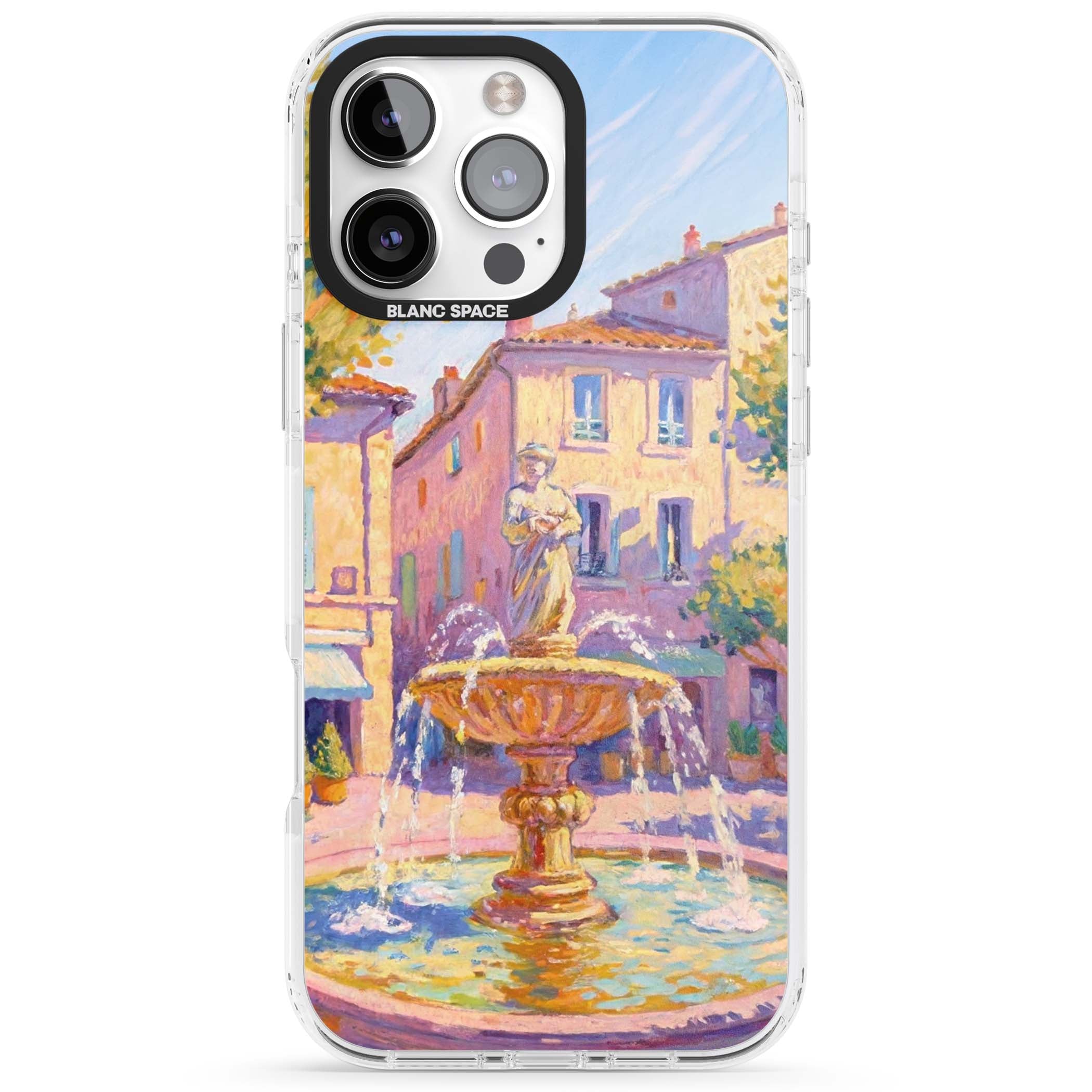 Fountain Square fine art iPhone case featuring an impressionist Provençal fountain, pastel village buildings and summe | Impact Magsafe case for iPhone 16 Pro, iPhone 16 Pro Max