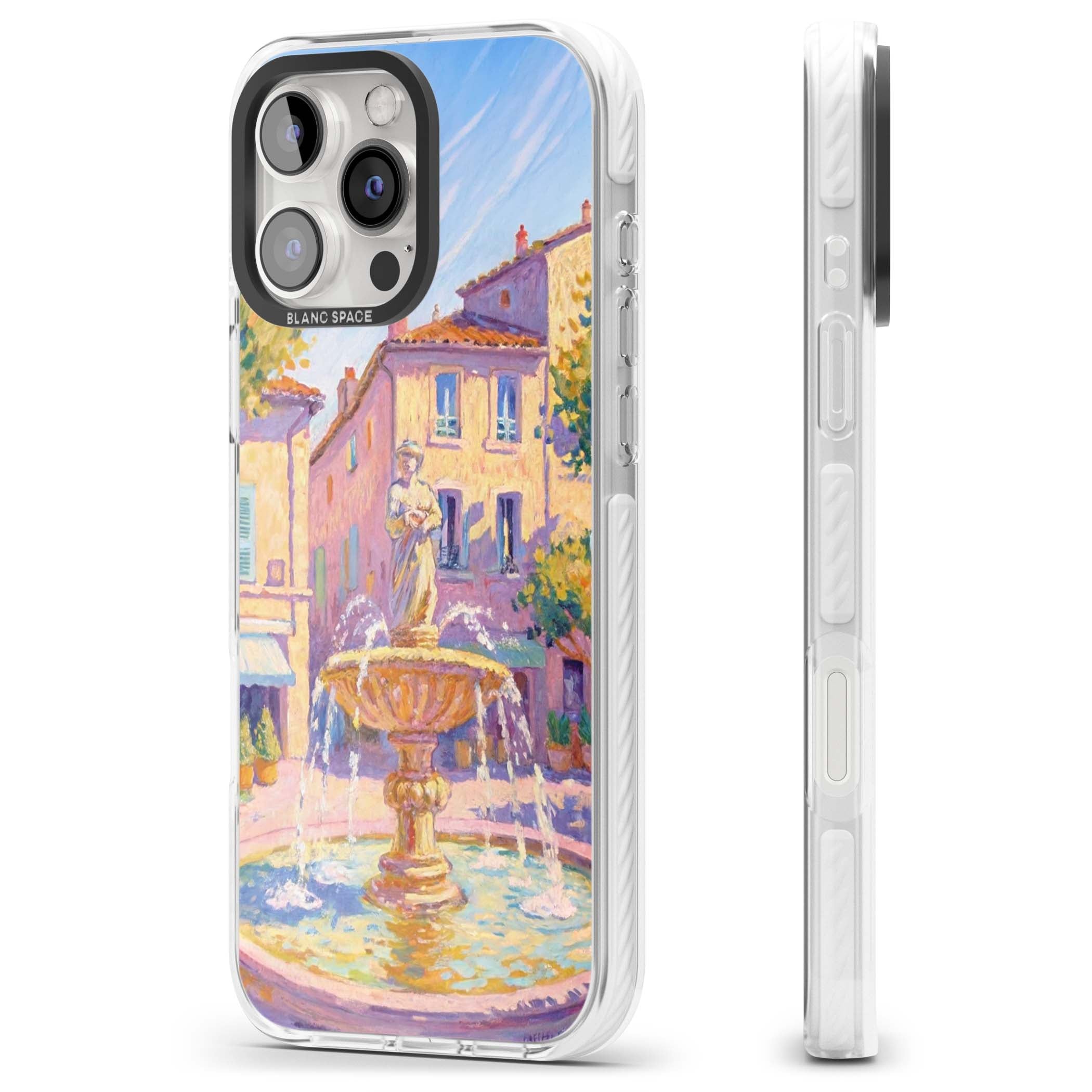 Fountain Square fine art iPhone case featuring an impressionist Provençal fountain, pastel village buildings and summe | Impact Magsafe case for iPhone 16 Pro, iPhone 16 Pro Max