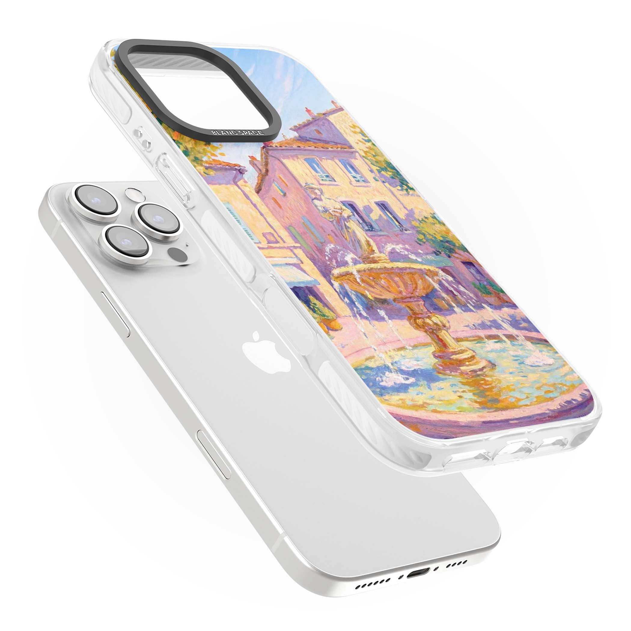 Fountain Square fine art iPhone case featuring an impressionist Provençal fountain, pastel village buildings and summe | Impact Magsafe case for iPhone 16 Pro, iPhone 16 Pro Max