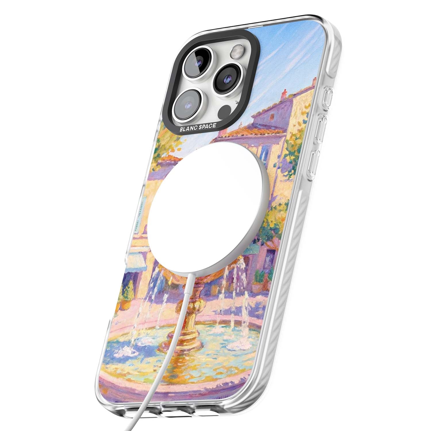Fountain Square fine art iPhone case featuring an impressionist Provençal fountain, pastel village buildings and summe | Impact Magsafe case for iPhone 16 Pro, iPhone 16 Pro Max