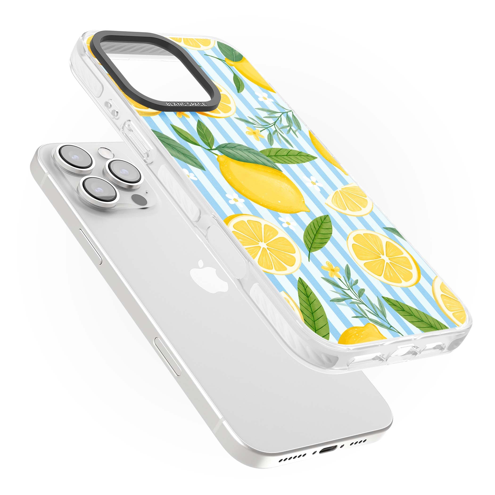 Capri Citrus Stripe coastal iPhone case featuring yellow lemons, blue stripes, and white daisy blossoms | Impact Magsafe case for iPhone 16 Pro, iPhone 16 Pro Max