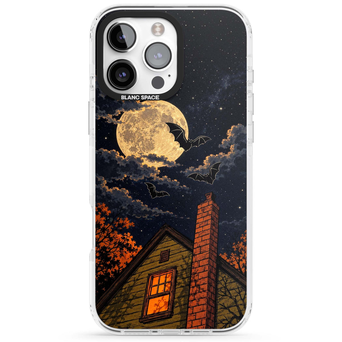 Hollows Eve Halloween iPhone case featuring a haunted house, full moon and flying bats against a starry autumn sky | Impact Magsafe case for iPhone 16 Pro, iPhone 16 Pro Max
