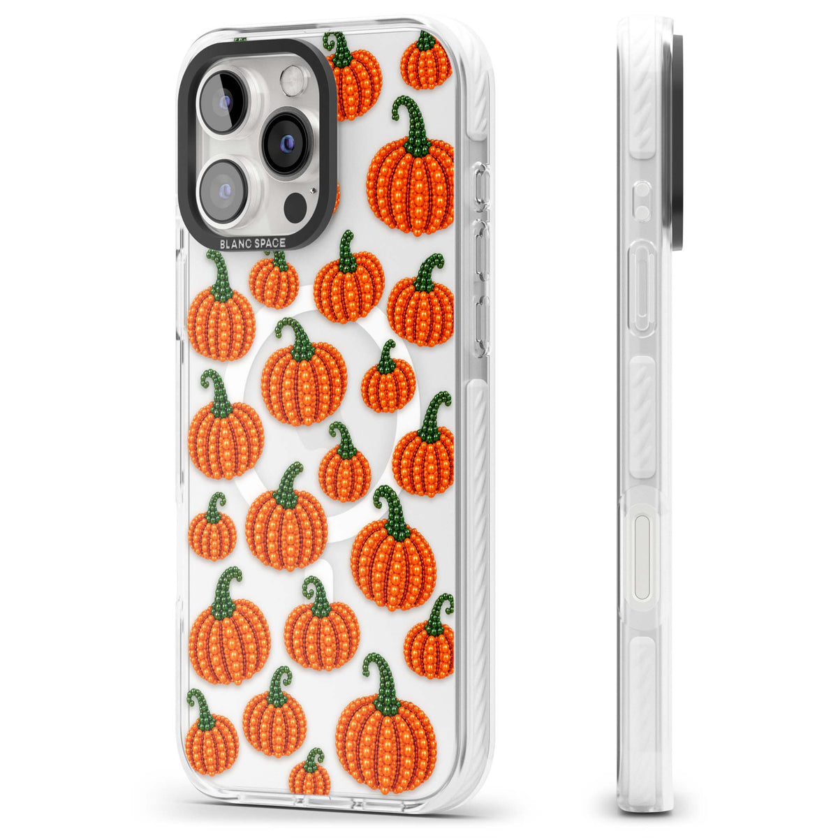 Beaded Pumpkins halloween iPhone case featuring beaded orange pumpkins with green stems on a clear background | Impact Magsafe case for iPhone 16 Pro, iPhone 16 Pro Max