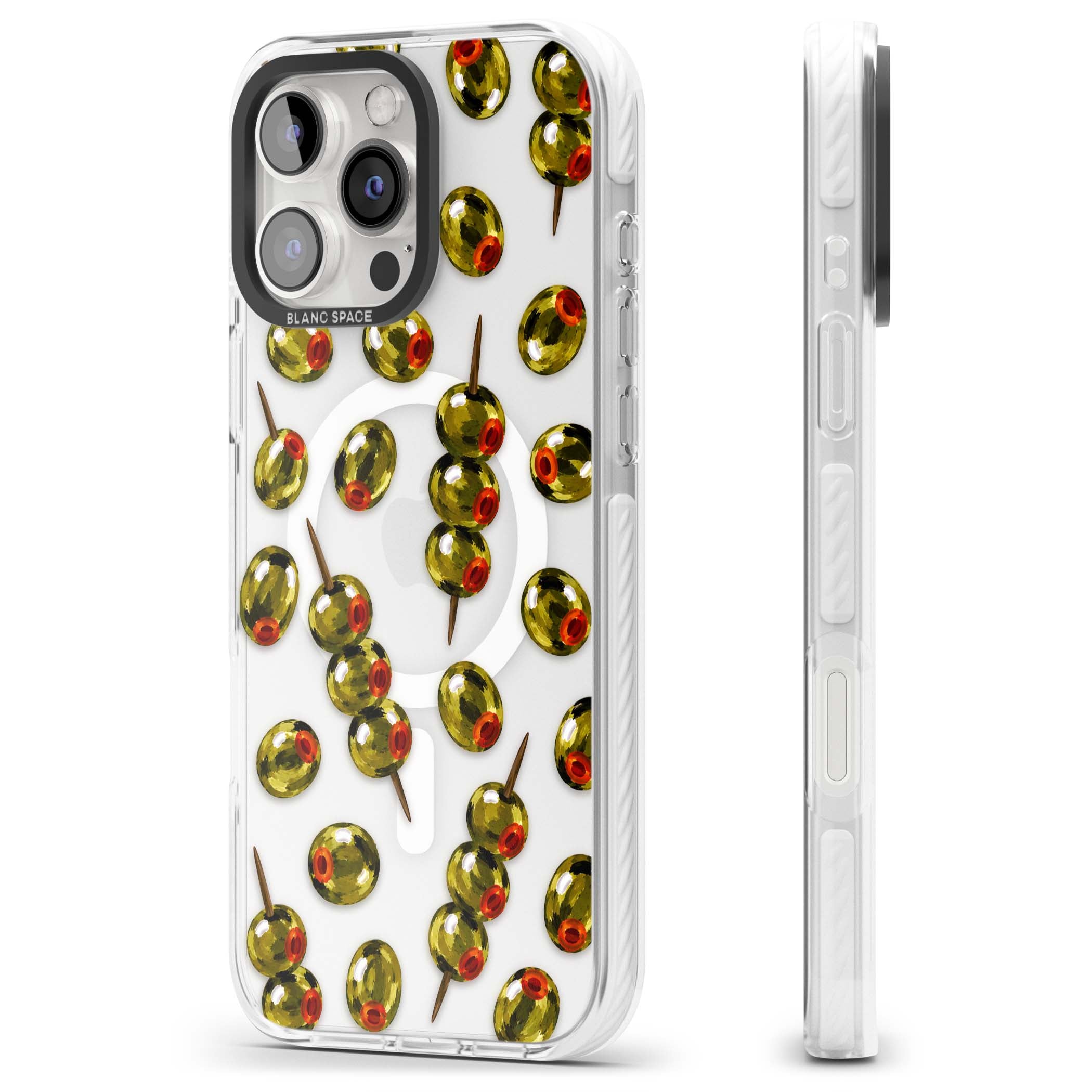 Painted Olives cocktail iPhone case featuring green olives, pimento centres and toothpick skewers on a clear background | Impact Magsafe case for iPhone 16 Pro, iPhone 16 Pro Max