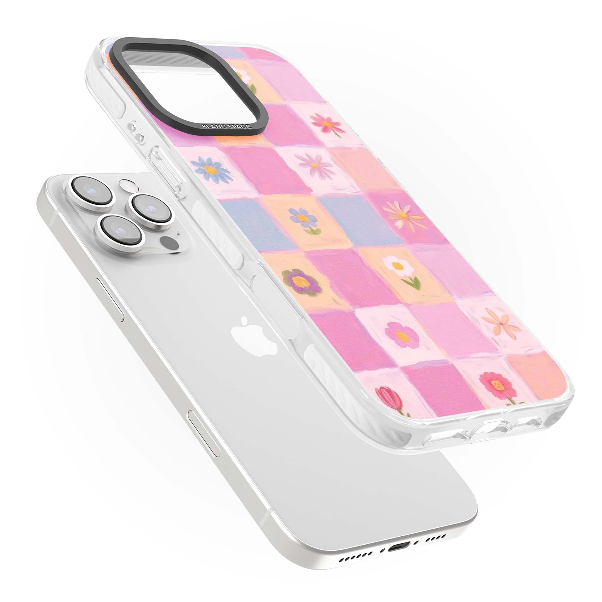 Pastel Flower Patchwork cottagecore iPhone case featuring painted pink and lilac squares with daisies and wildflowers | Impact Magsafe case for iPhone 16 Pro, iPhone 16 Pro Max