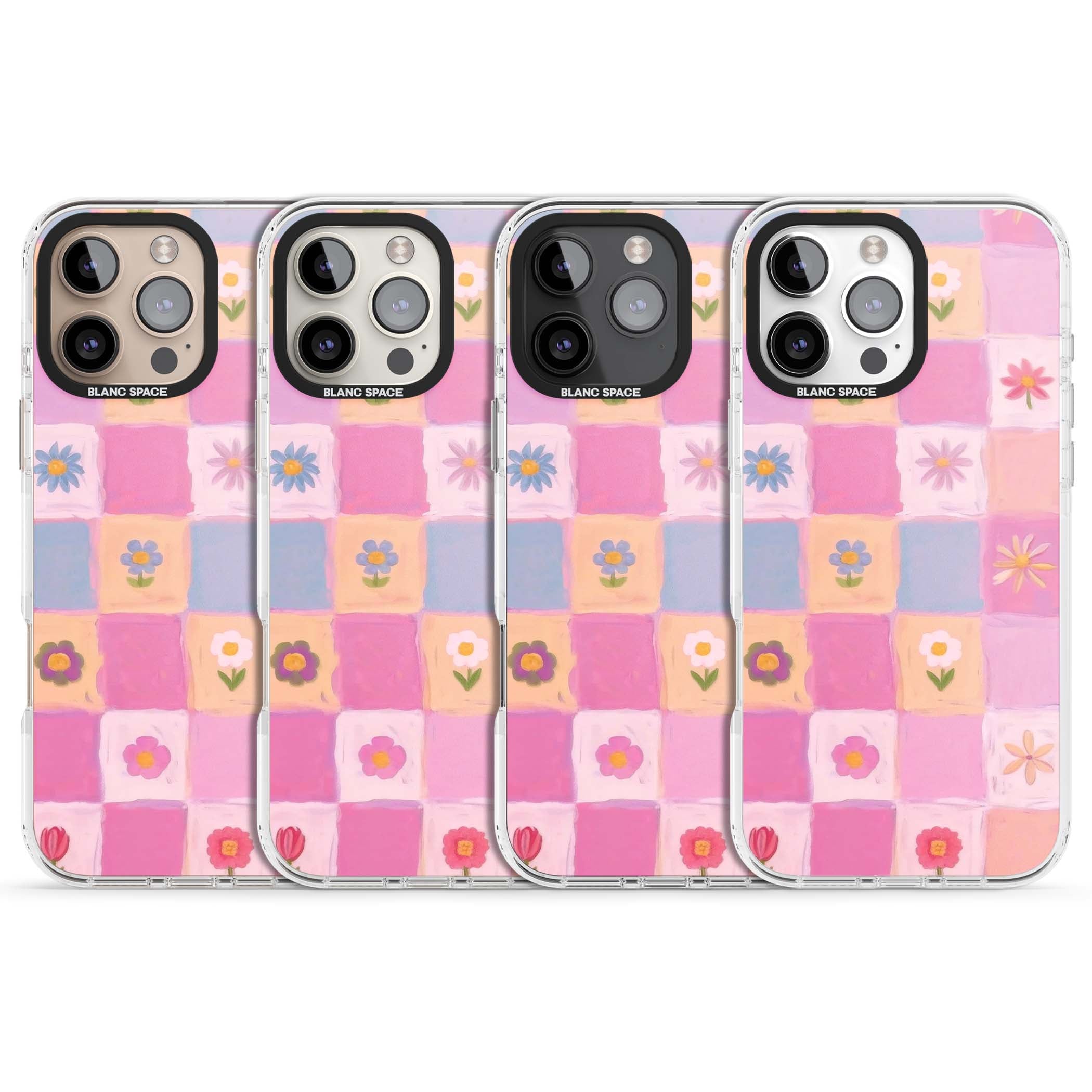 Pastel Flower Patchwork cottagecore iPhone case featuring painted pink and lilac squares with daisies and wildflowers | Impact Magsafe case for iPhone 16 Pro, iPhone 16 Pro Max